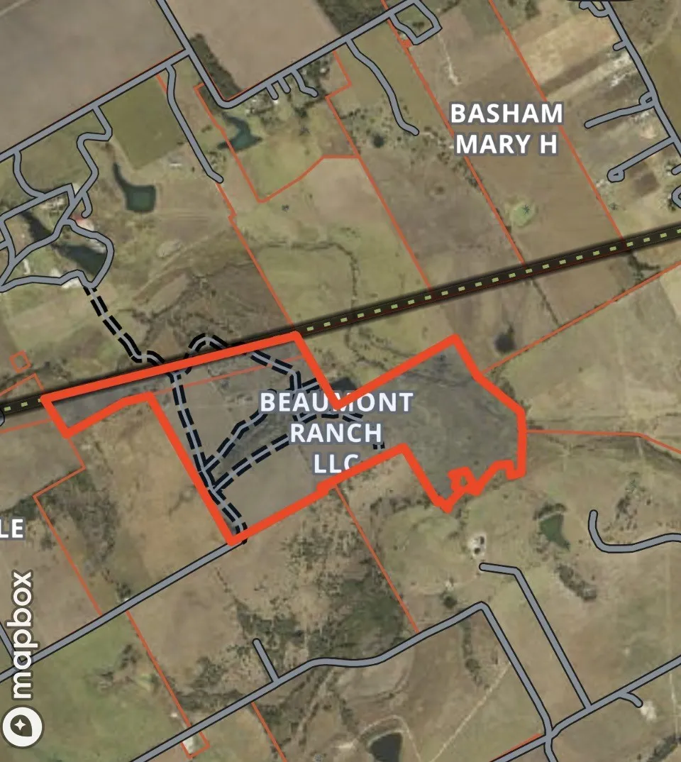 Property Map. Illustrating the boundaries and identifying the property labeled "Beaumont Ranch LLC" and "Basham Mary H" with roads and other features