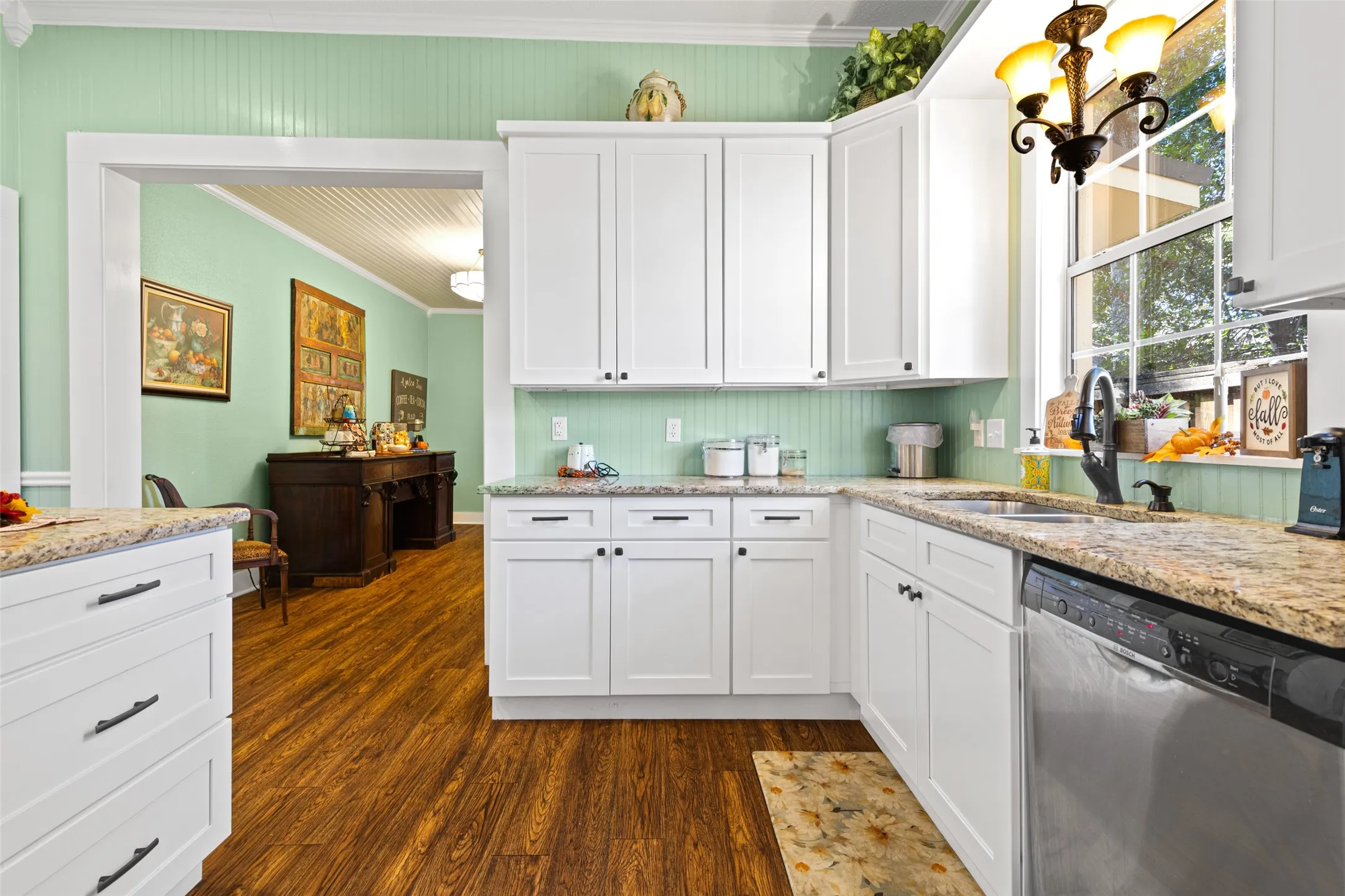 kitchen with granite counters, stainless appliances