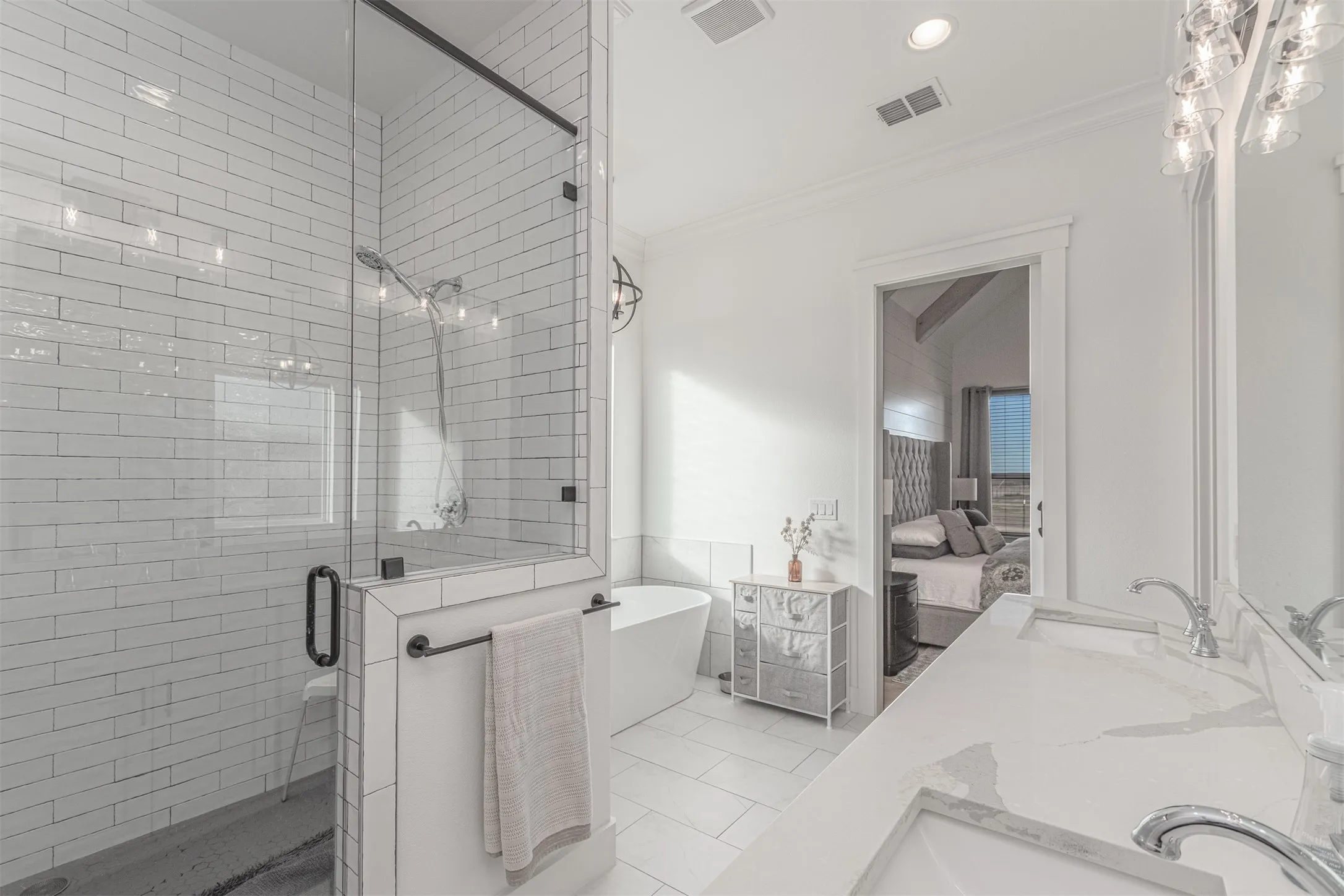Primary Bathroom with Slipper Tub, Double Sinks and Walk in Shower with Double Shower Heads