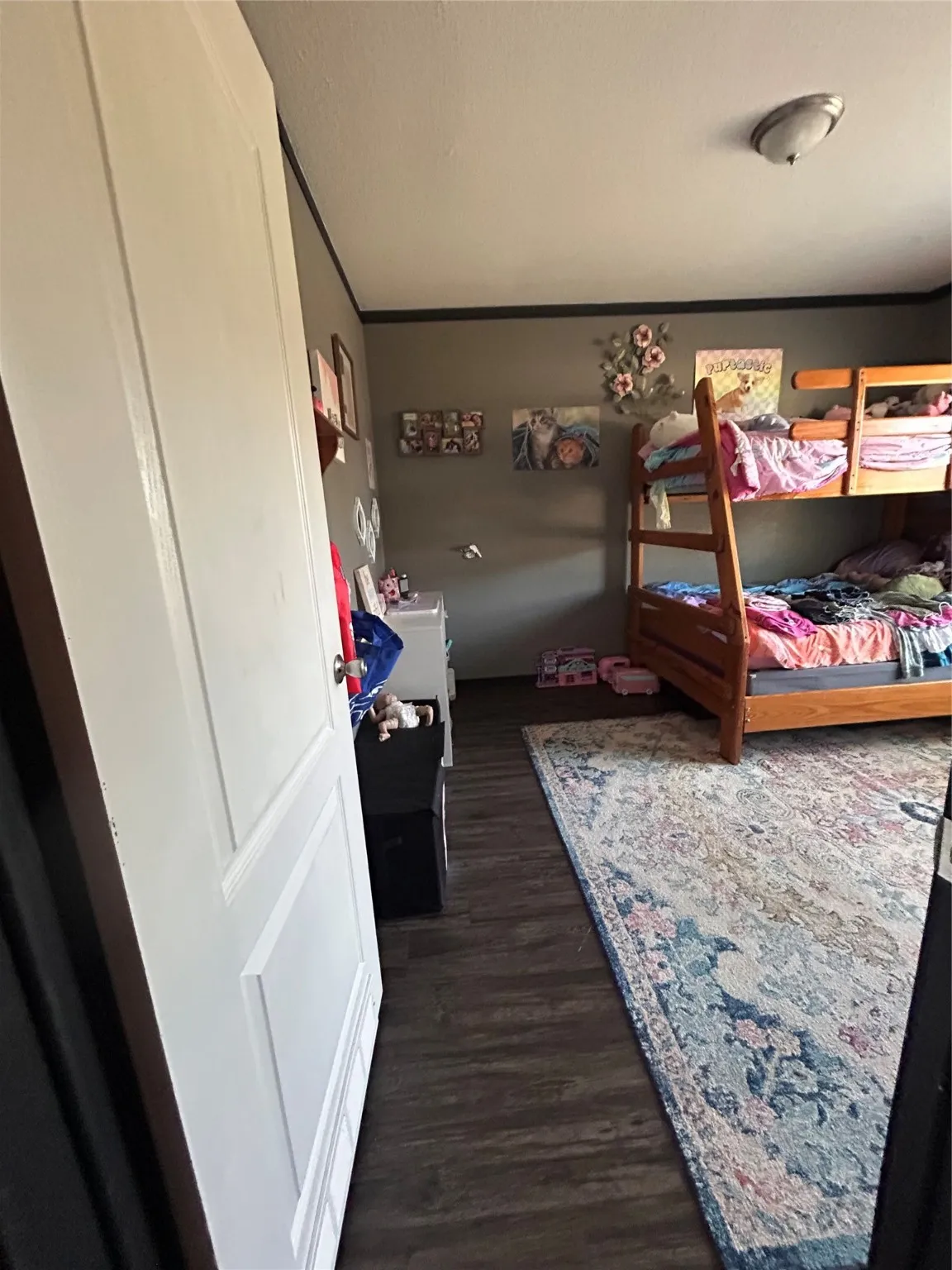 Bedroom featuring dark wood-type flooring and ornamental molding