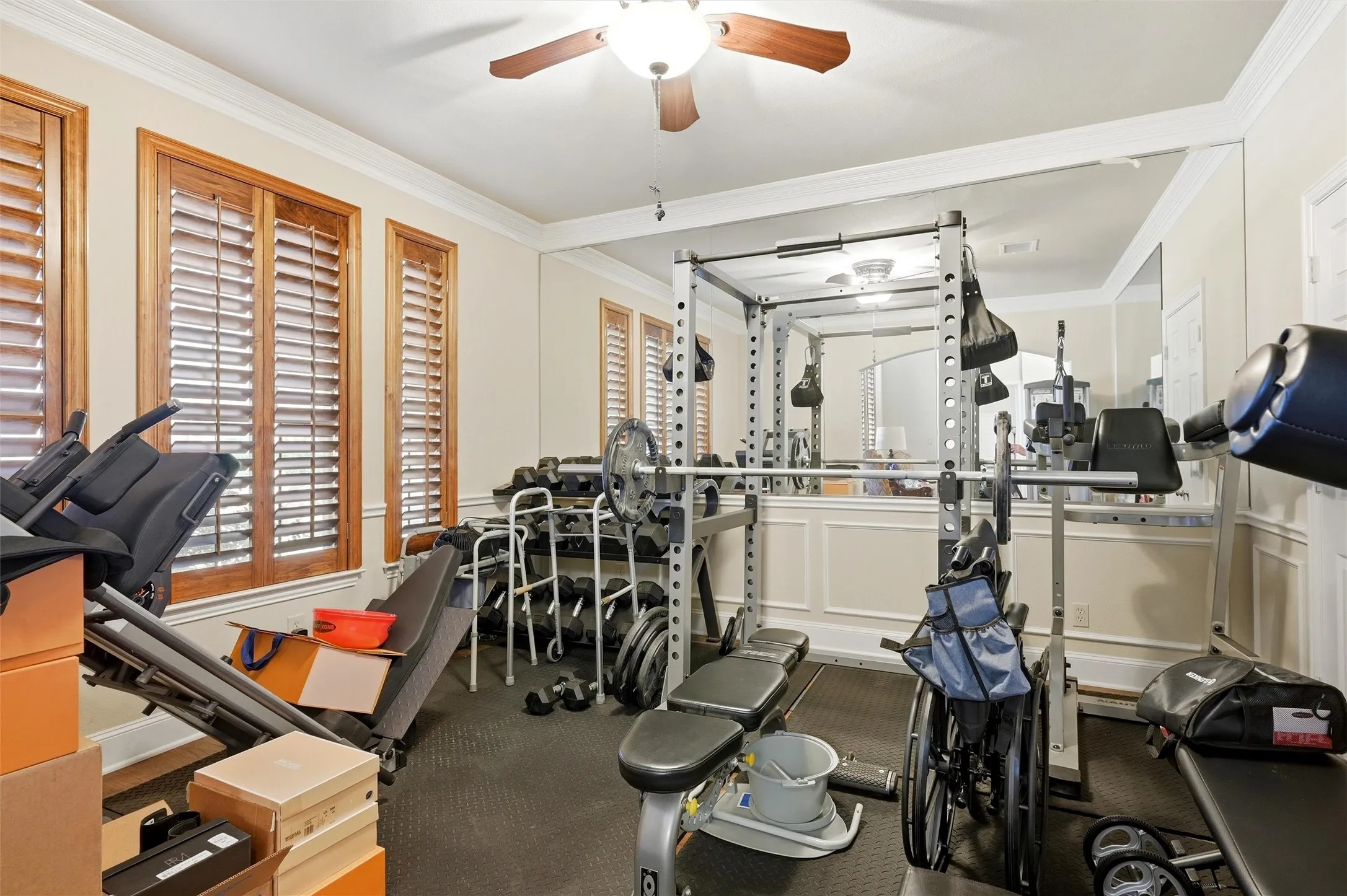 Workout area featuring crown molding, healthy amount of natural light, a ceiling fan, and rubber floors