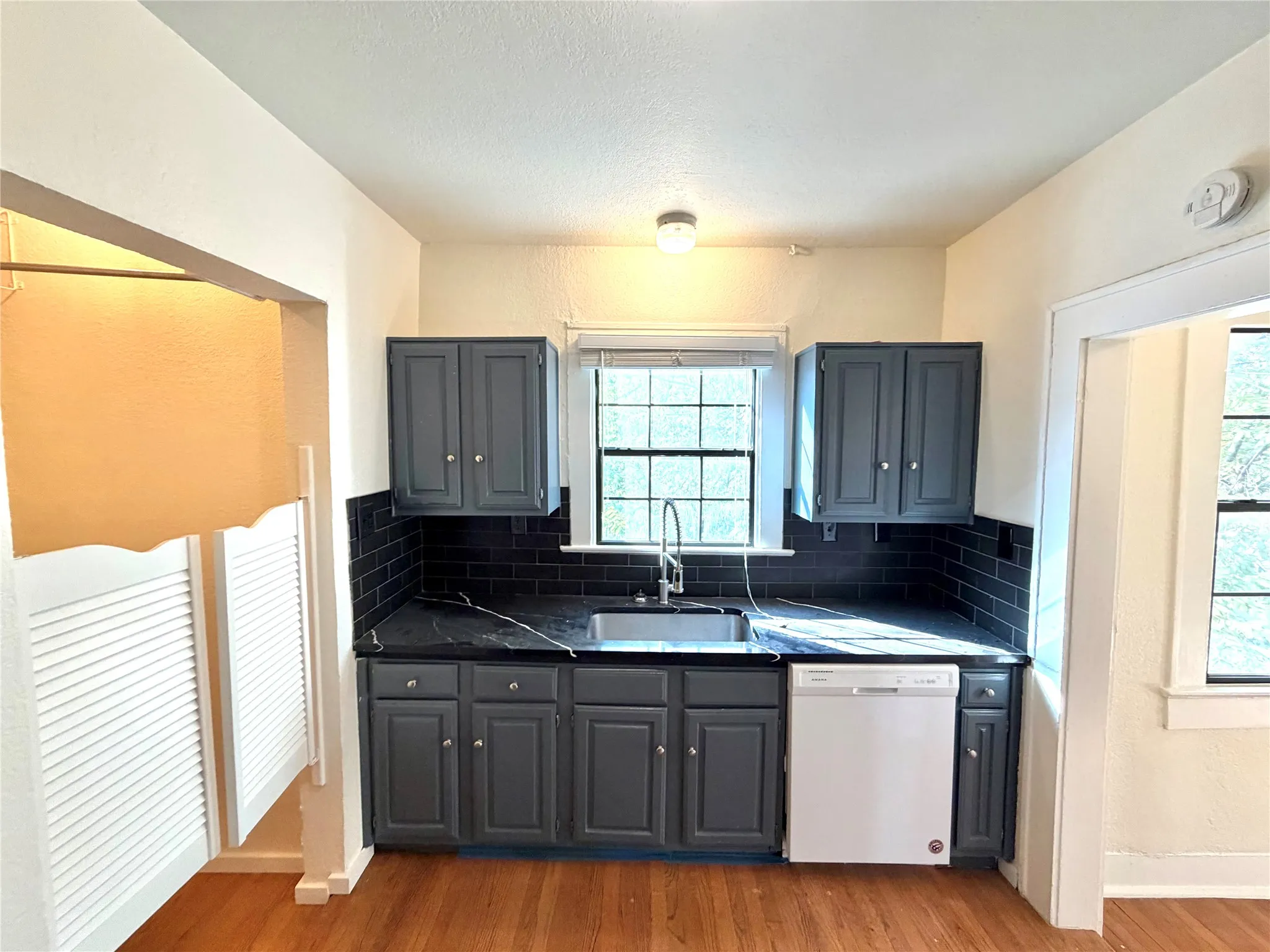 Kitchen featuring dark cabinetry, black subway tile backsplash, dark countertops, a stainless steel sink with a gooseneck faucet, and wood-finish flooring