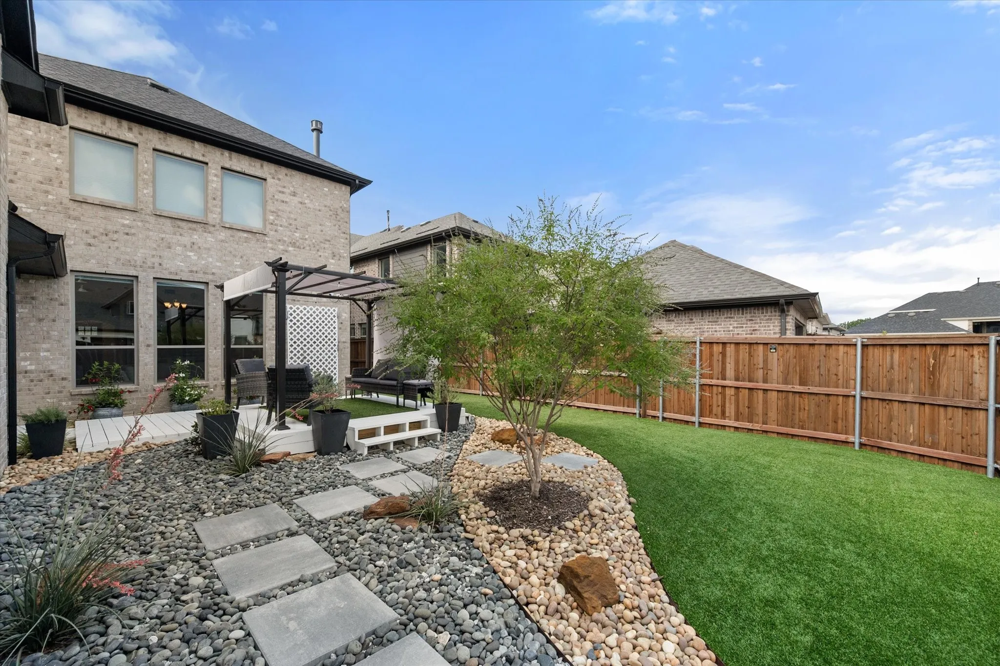 Fenced backyard featuring a pergola and a patio area