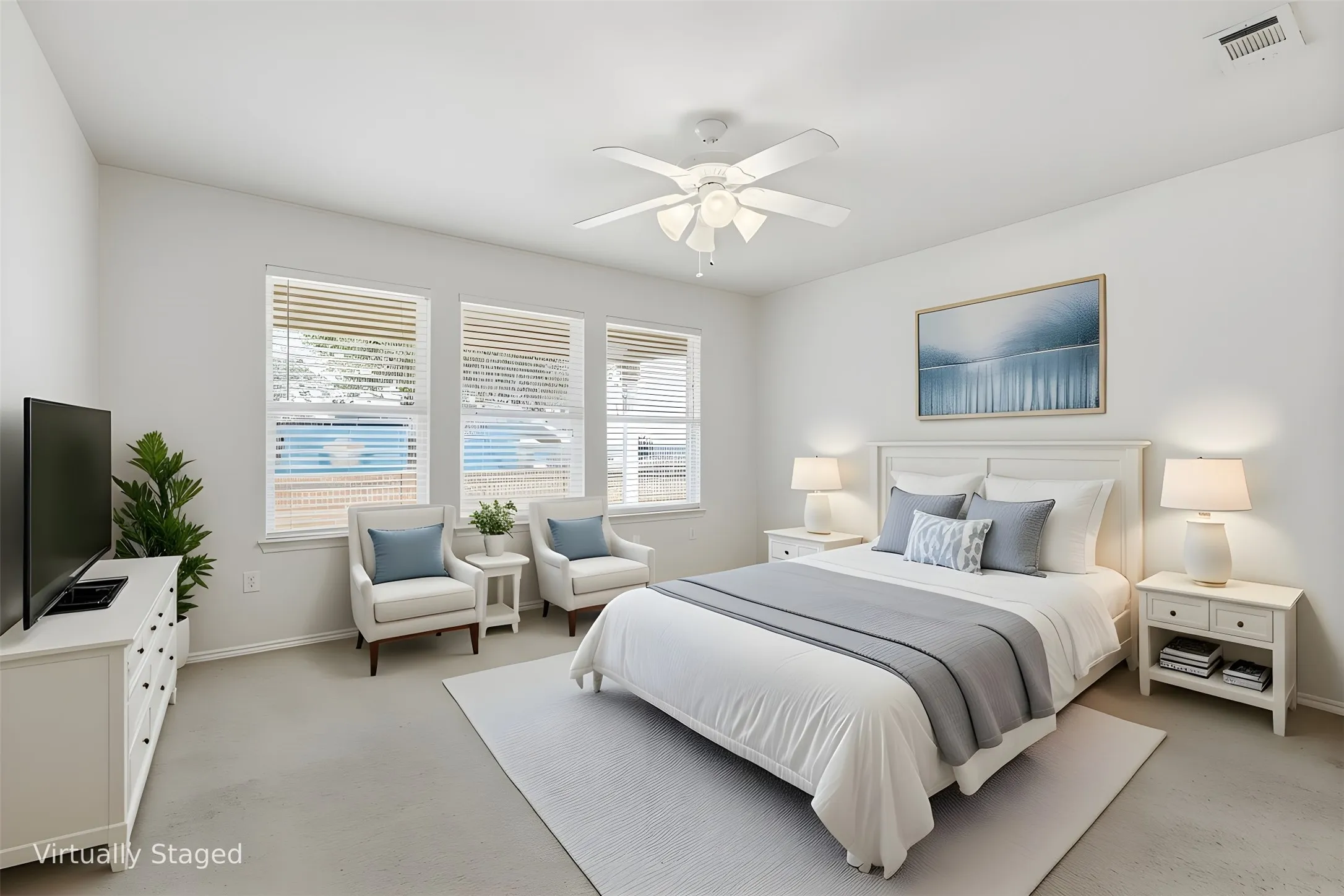 Primary Bedroom with a wall of windows Virtually Staged