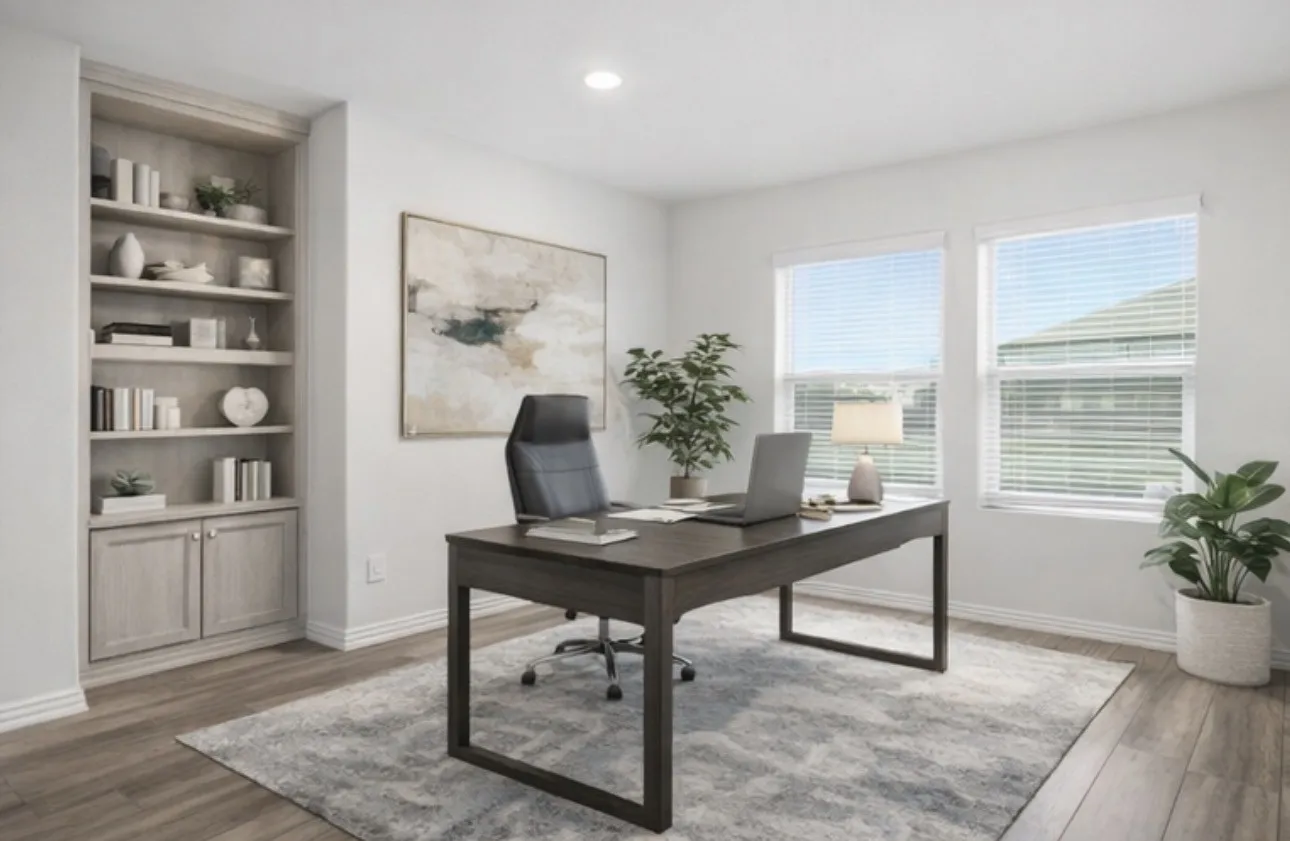Home office featuring wood finished floors, built in features, and recessed lighting