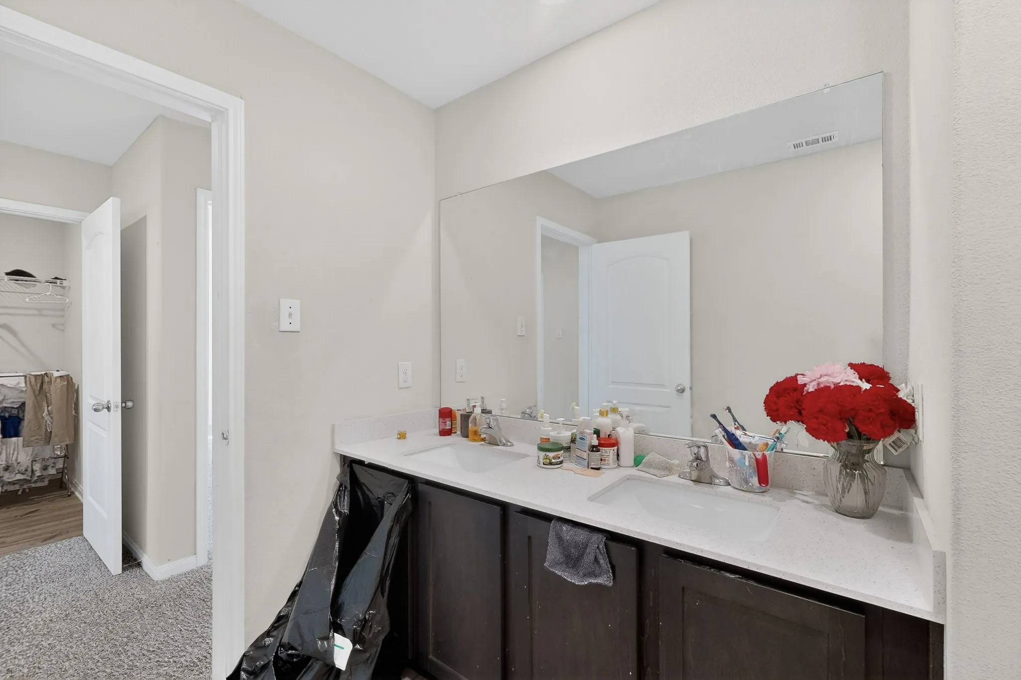 Full bathroom featuring double vanity, light colored carpet, and ensuite bath