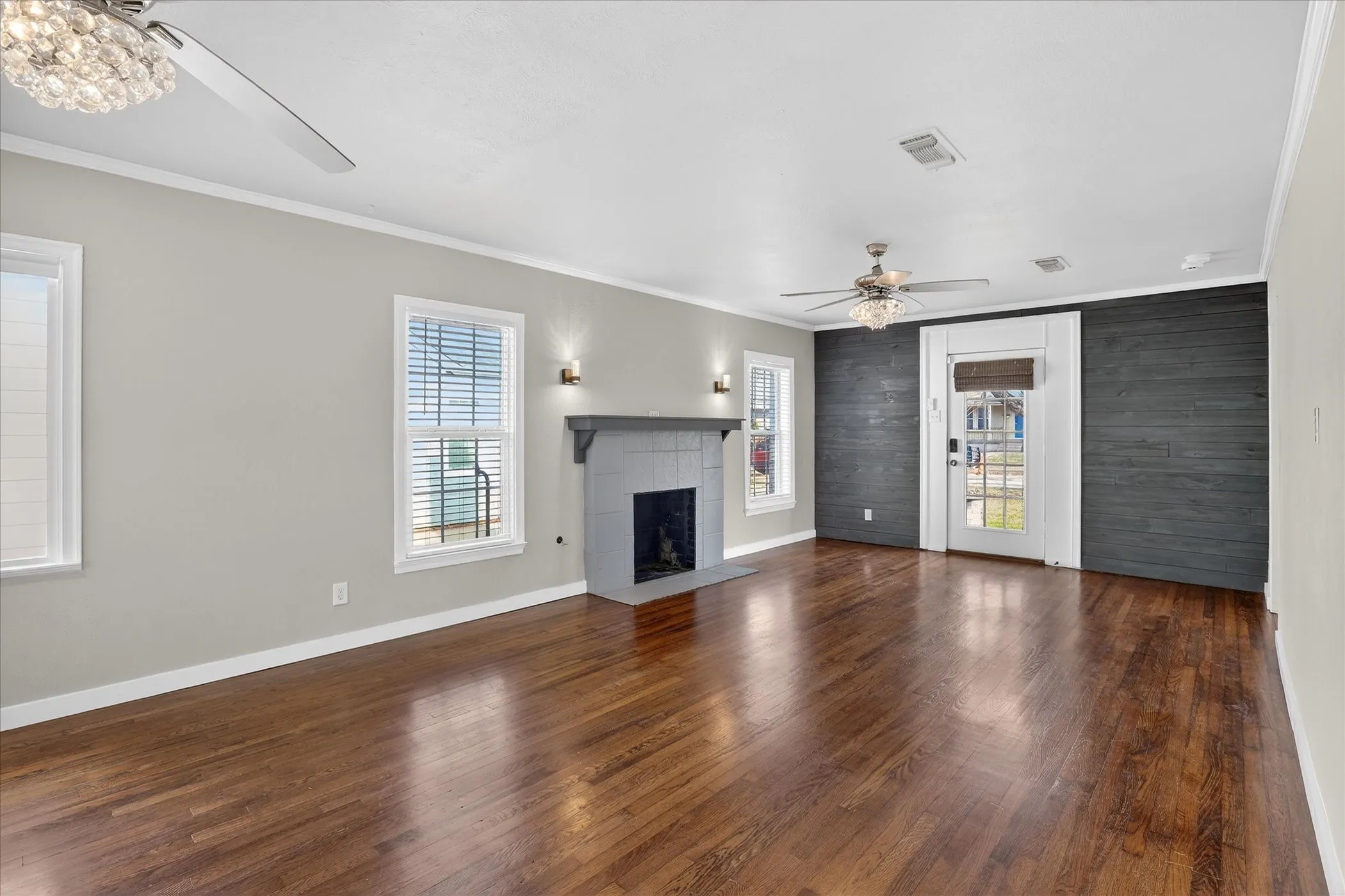 Living room with beautiful wood floors.