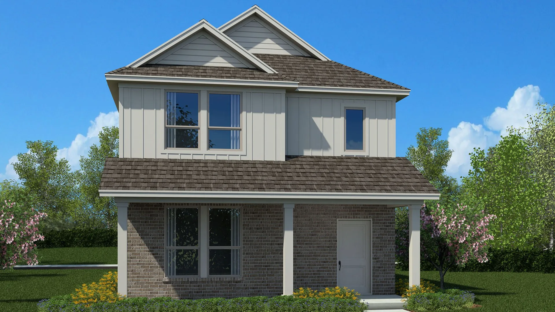 Front Elevation - D.R. Horton's Almond Floorplan Elevation B - All Home and community information, including pricing, included features, terms, availability and amenities, are subject to change at any time without notice or obligation. All Drawings, pictures, photographs, video, square footages, floor plans, elevations, features, colors and sizes are approximate for illustration purposes only and will vary from the homes as built.