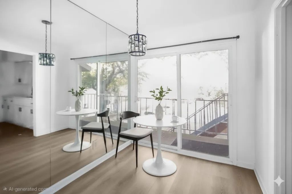 Dining space featuring light wood finished floors and a chandelier