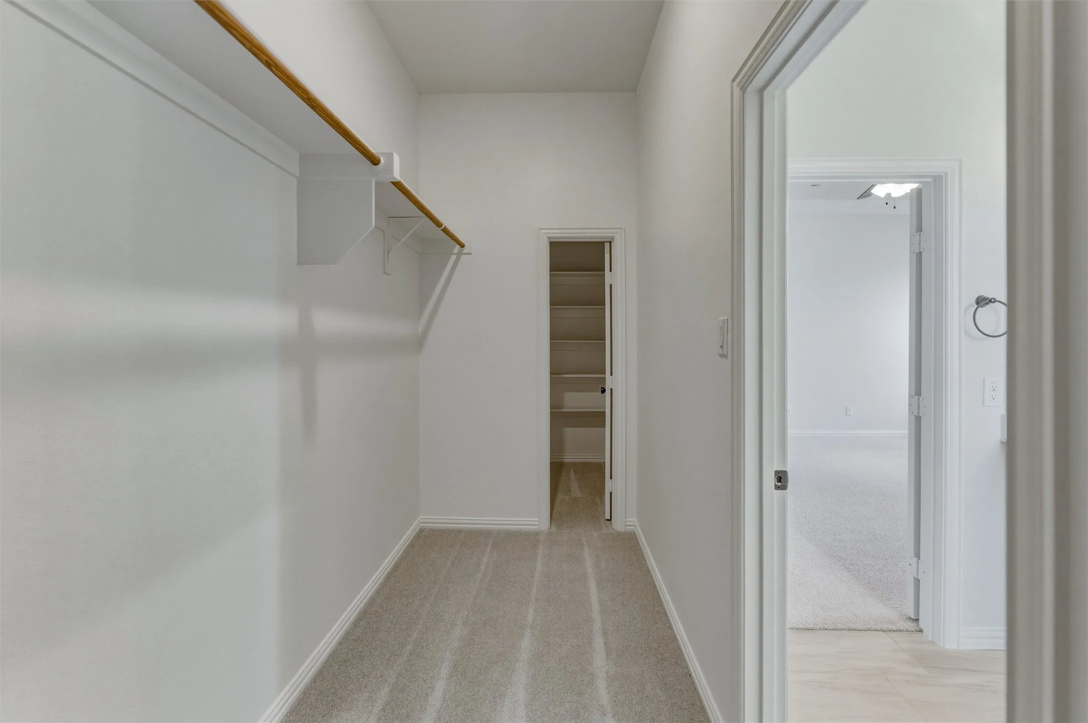 Walk-in closet with carpet flooring, white walls, and a hanging rod