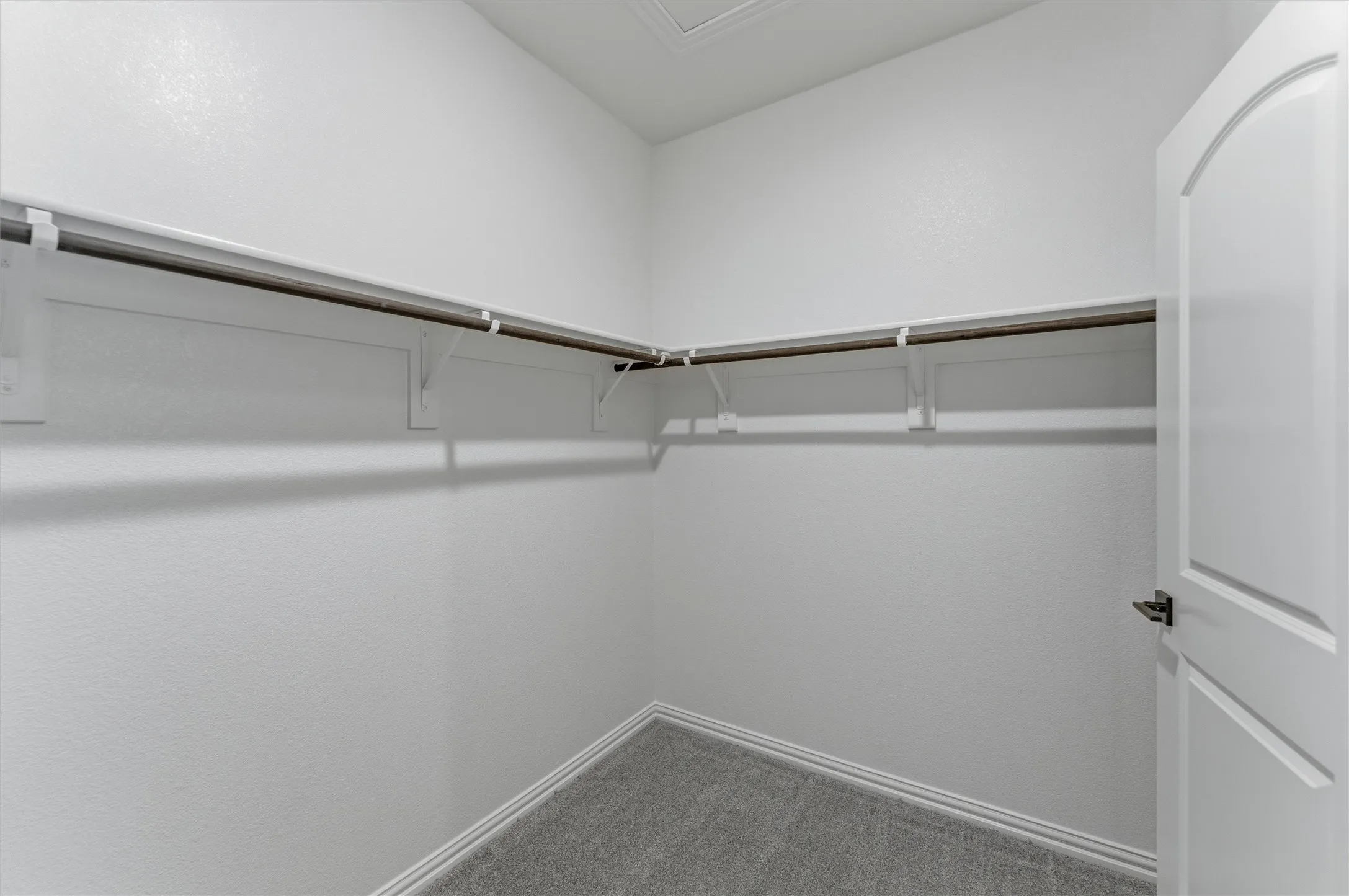 Walk-in closet featuring white walls, grey carpet, and a white arched panel door