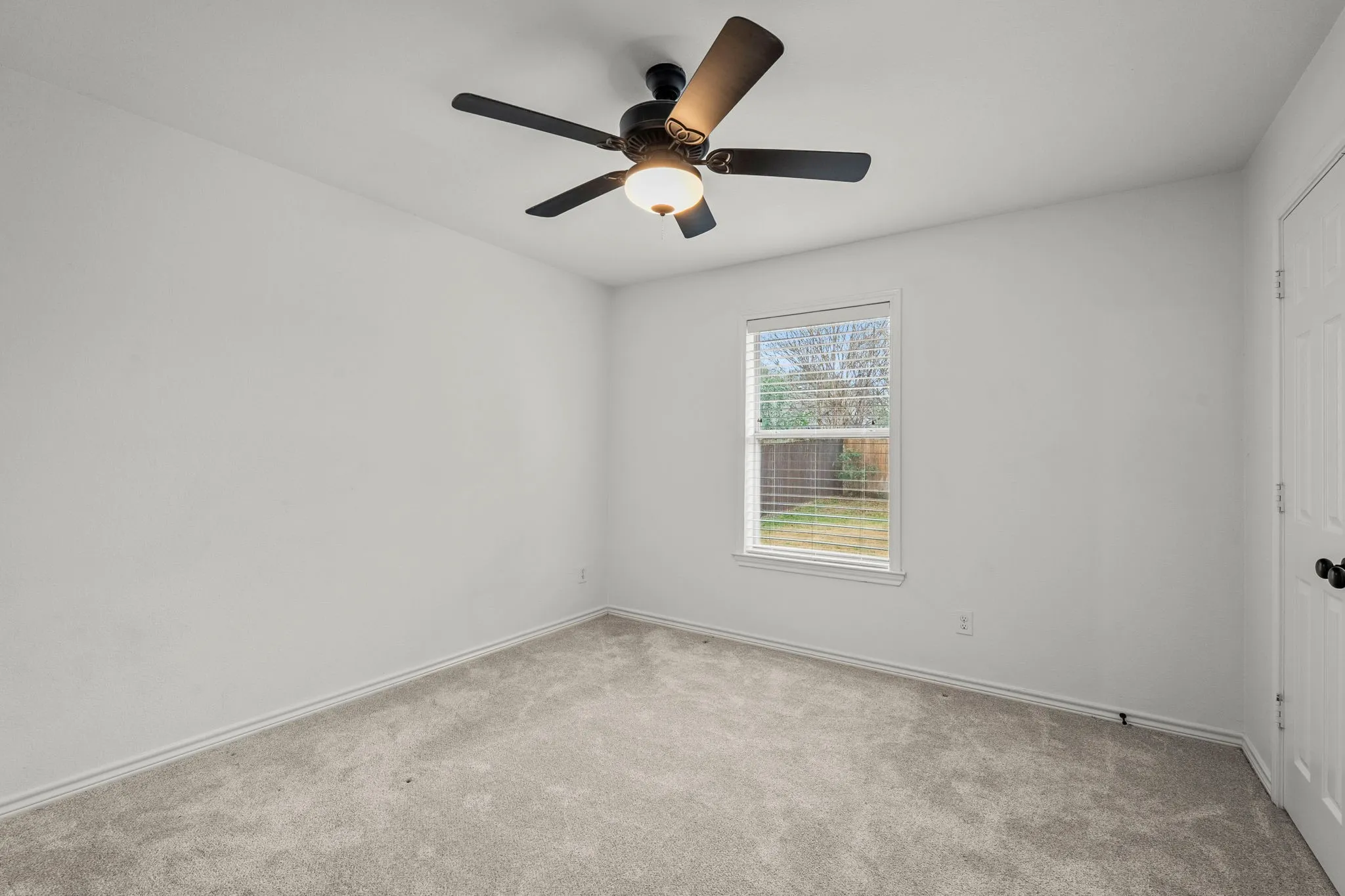Spare room featuring carpet and ceiling fan