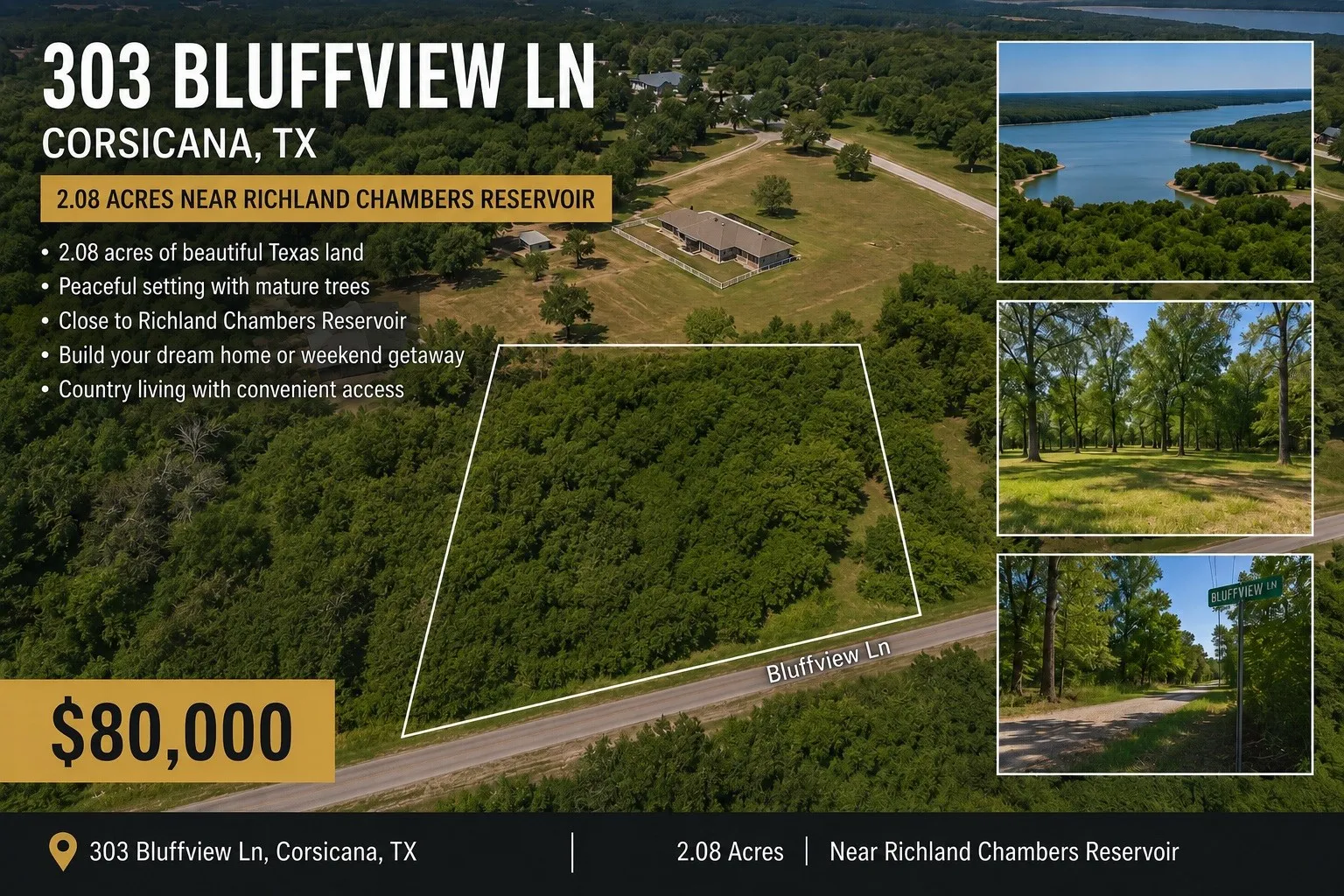 Unimproved Land For Sale in Navarro County , 303 Bluffview Lane, Corsicana, Texas 75109, 0, 0, Garage spaces, 0 Sqft, built in 0, Price $80,000, mls#21163994, Real Estate Agent in Corsicana, Homes For Sale in Navarro county, Homes For Sale in Corsicana, Realtor in Corsicana Texas, Real Estate Brokerage Independent Realty Texas, Luminita Cordes Realtor