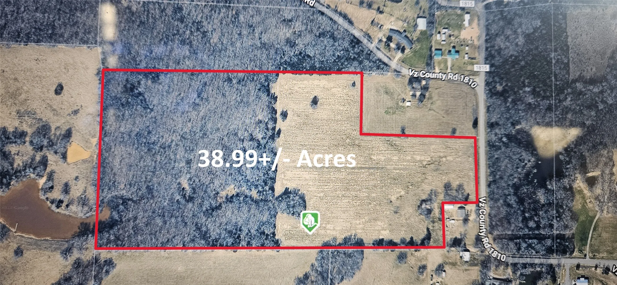 38.99 aprox acres.  Ag exempt. Also, available as three separate lots.