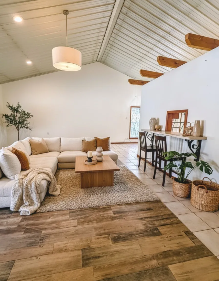 Living area featuring a high ceiling and a ceiling fan (AI edits)