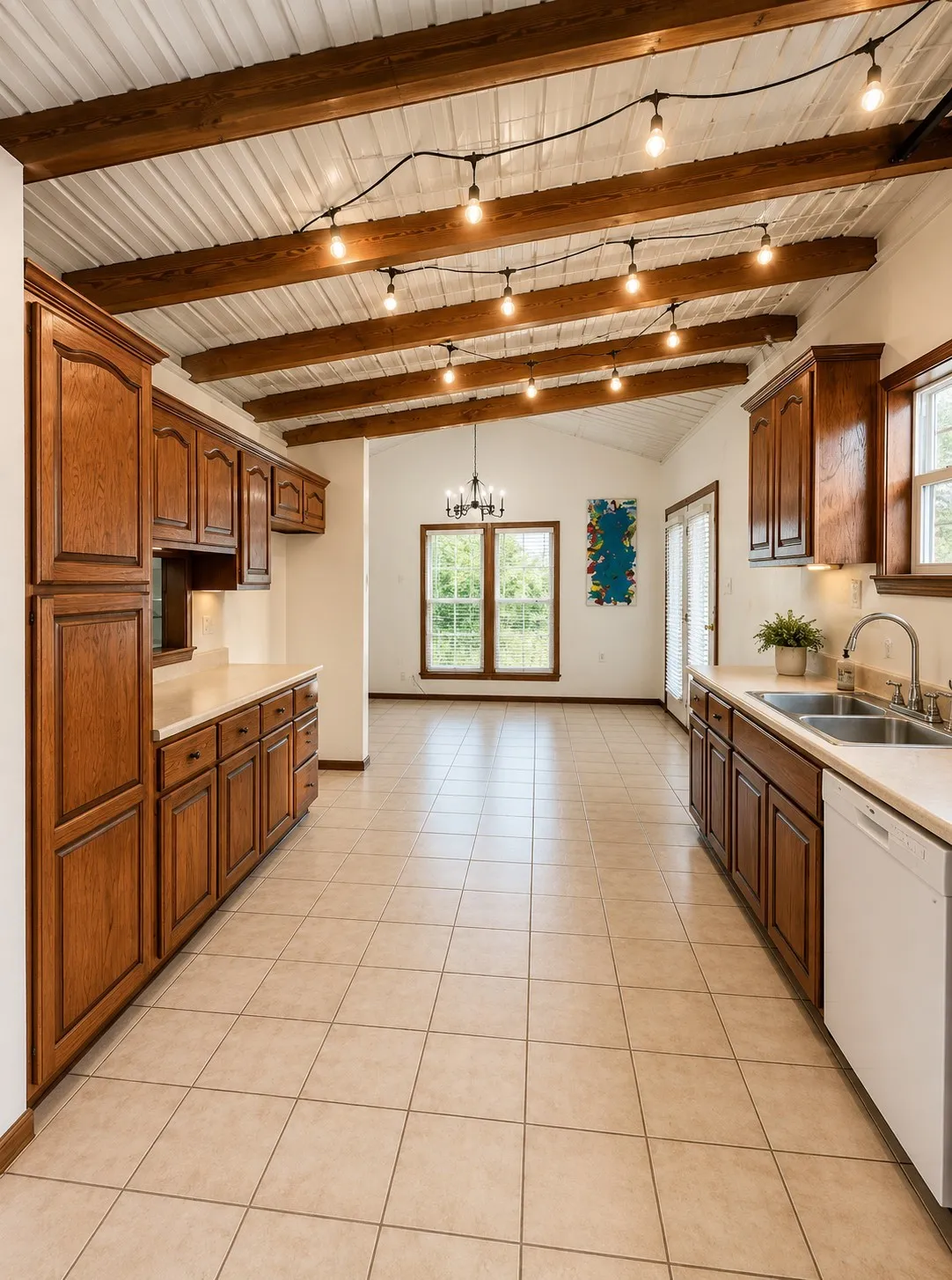Spacious kitchen featuring a vaulted ceiling with exposed wood beams, string lighting, and wood cabinetry