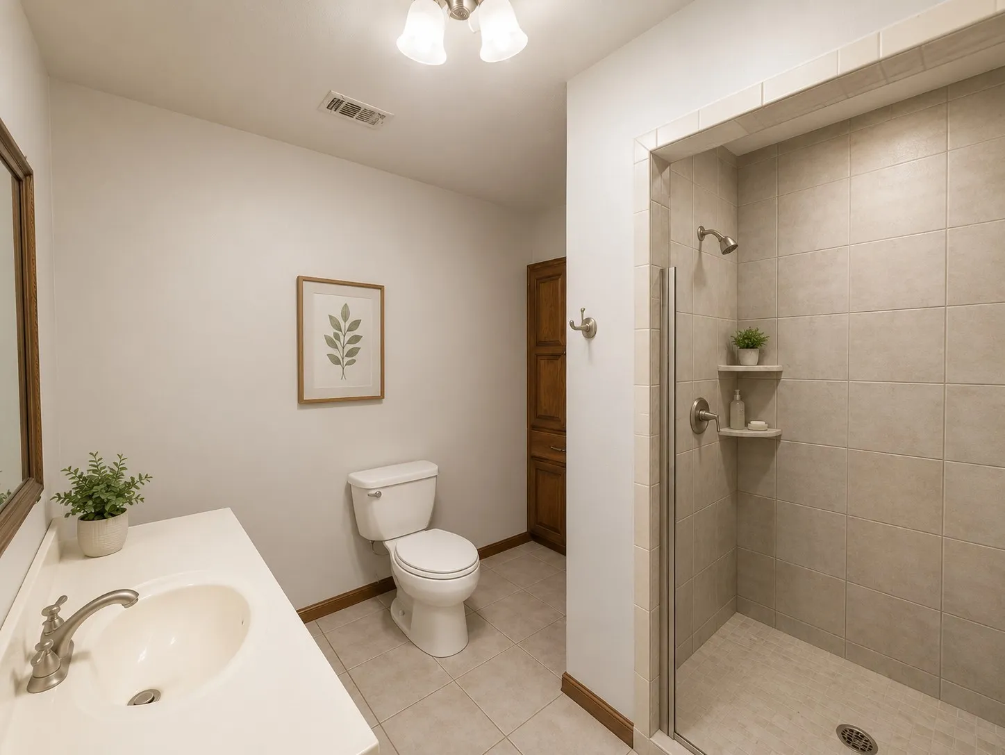 Bathroom featuring a tiled shower with integrated shelving, brushed nickel fixtures, a single vanity with an oval sink, and a built-in wood-paneled cabinet