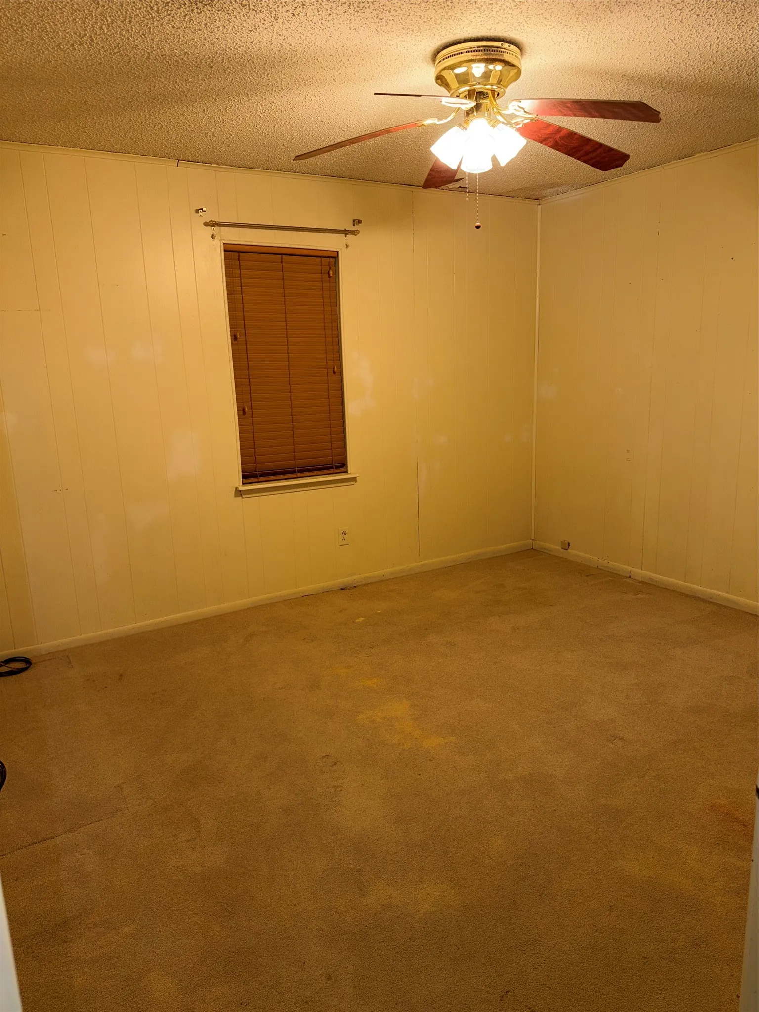 Carpeted spare room featuring ceiling fan and a textured ceiling