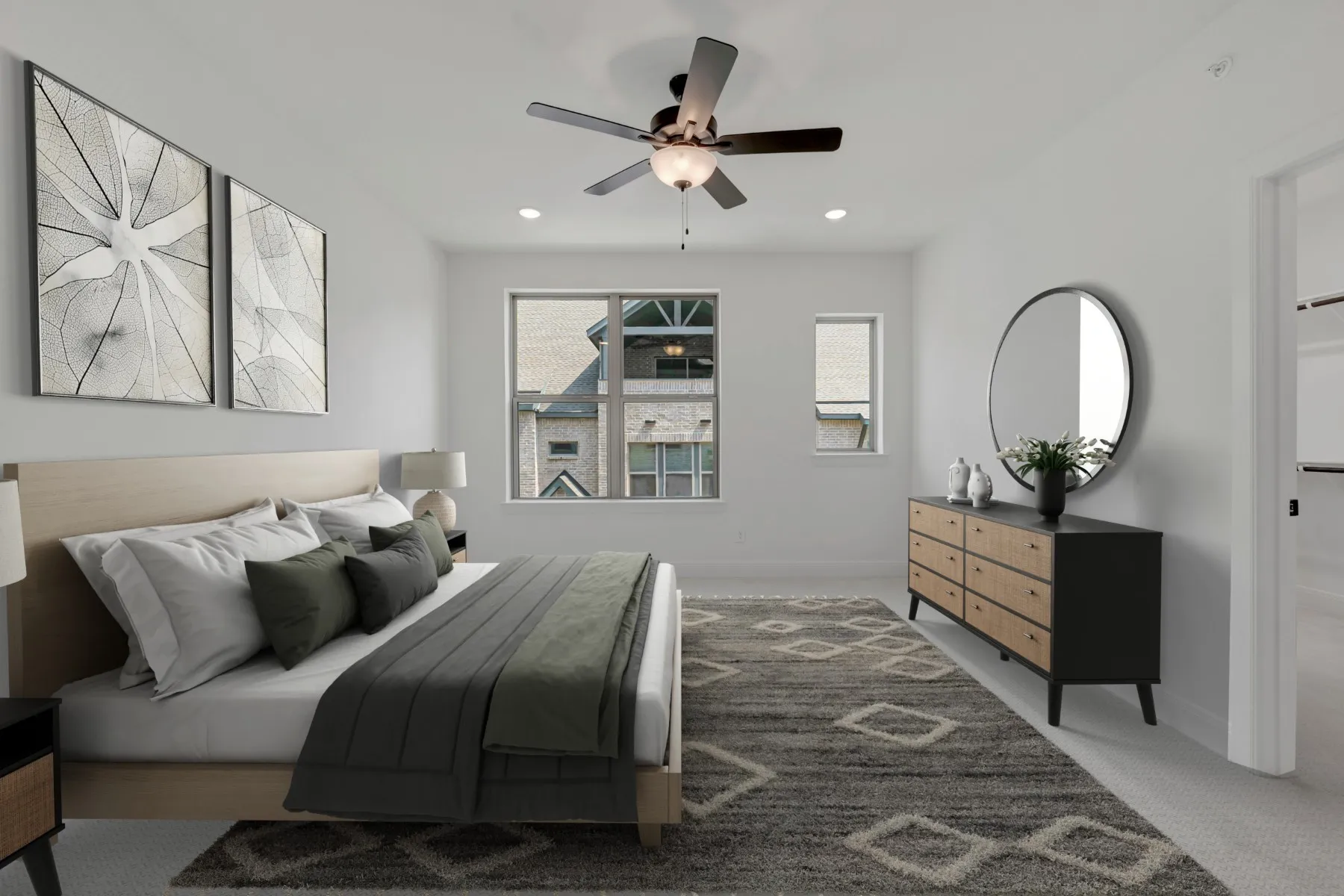 Bright interior featuring a ceiling fan with integrated lighting, recessed lighting, and dual windows