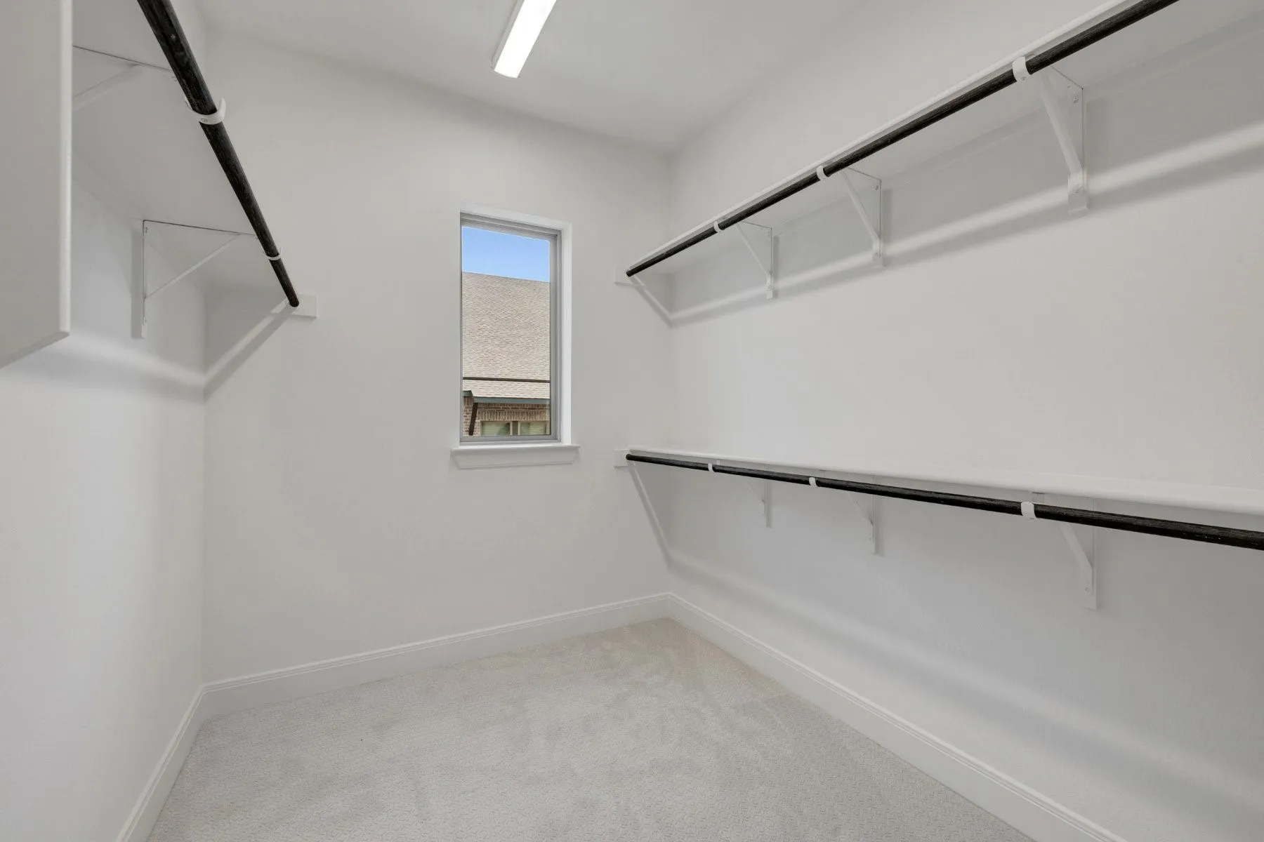 Spacious walk-in closet featuring extensive built-in shelving and hanging rods, a single window, and light carpeting
