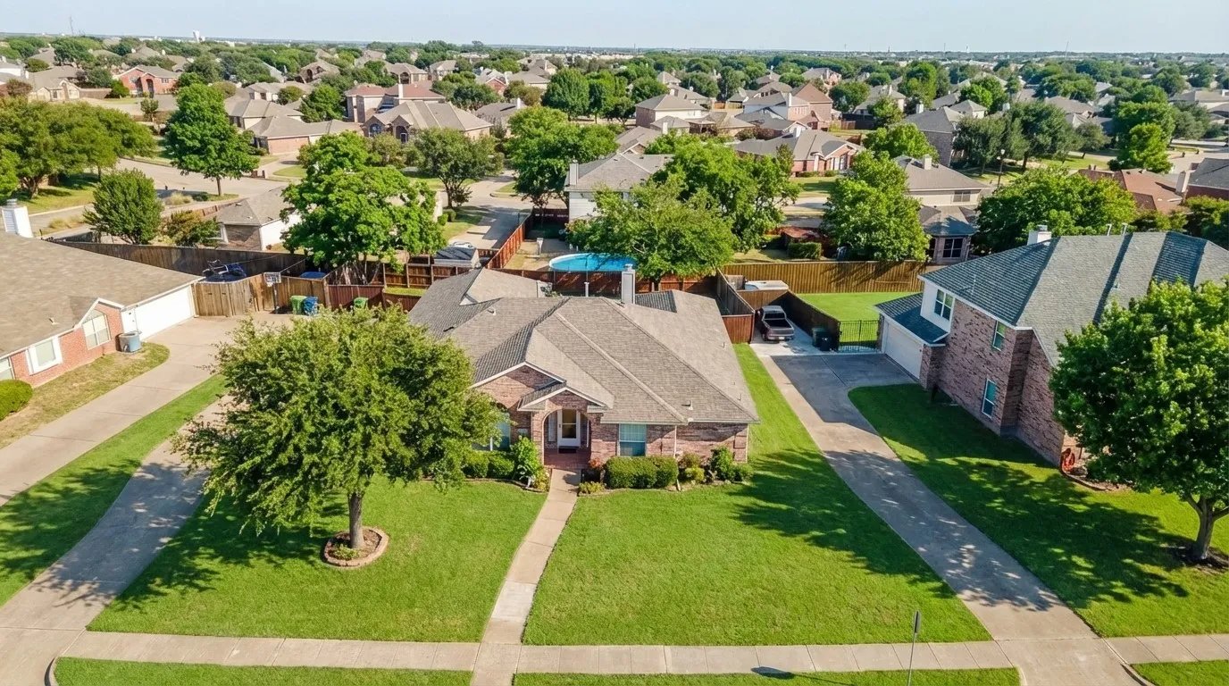 Aerial view showcasing the expansive lot size, lush greenery, and peaceful neighborhood setting.