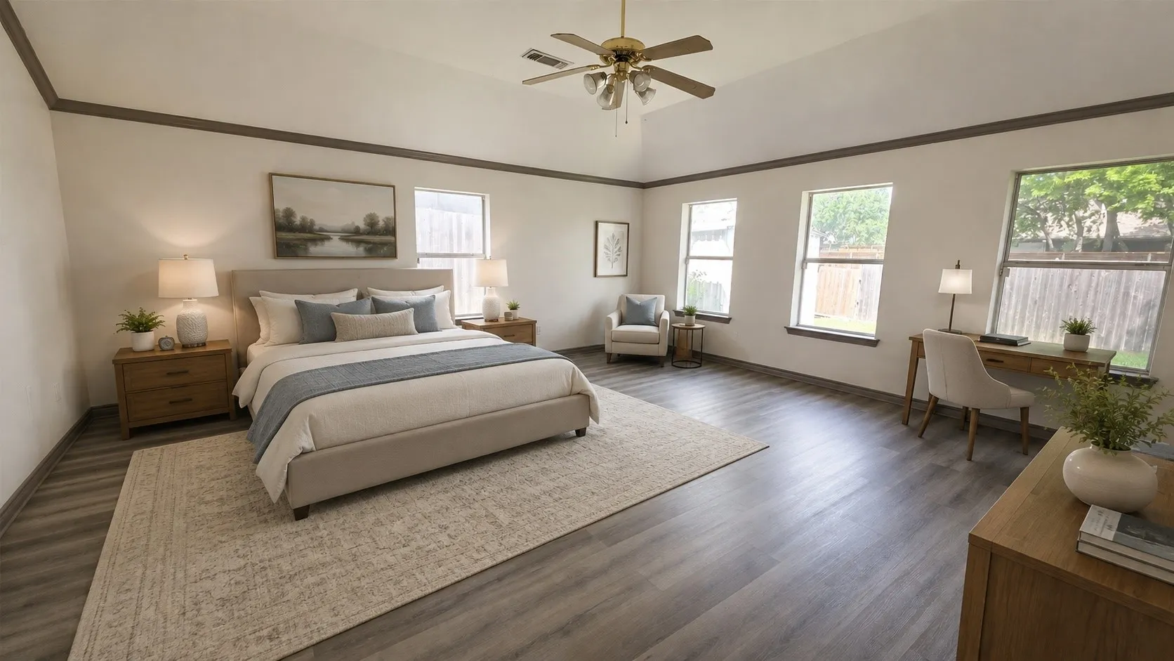 Virtually staged, bonus room, game room, possible 4th bedroom. Spacious room featuring vaulted ceilings, wood-finish flooring, multiple windows providing natural light, and crown molding