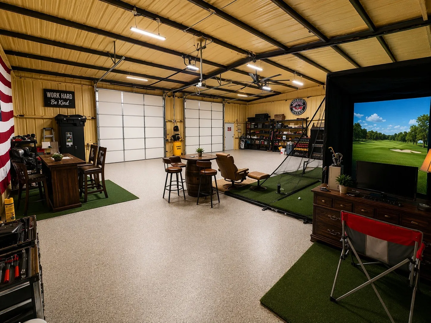 2000sf shop with bluetooth light fixtures, epoxy flooring, full bath, extra tall roll up doors