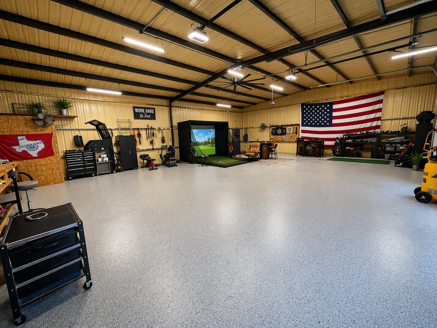 2000sf shop with bluetooth light fixtures, epoxy flooring, full bath, extra tall roll up doors
