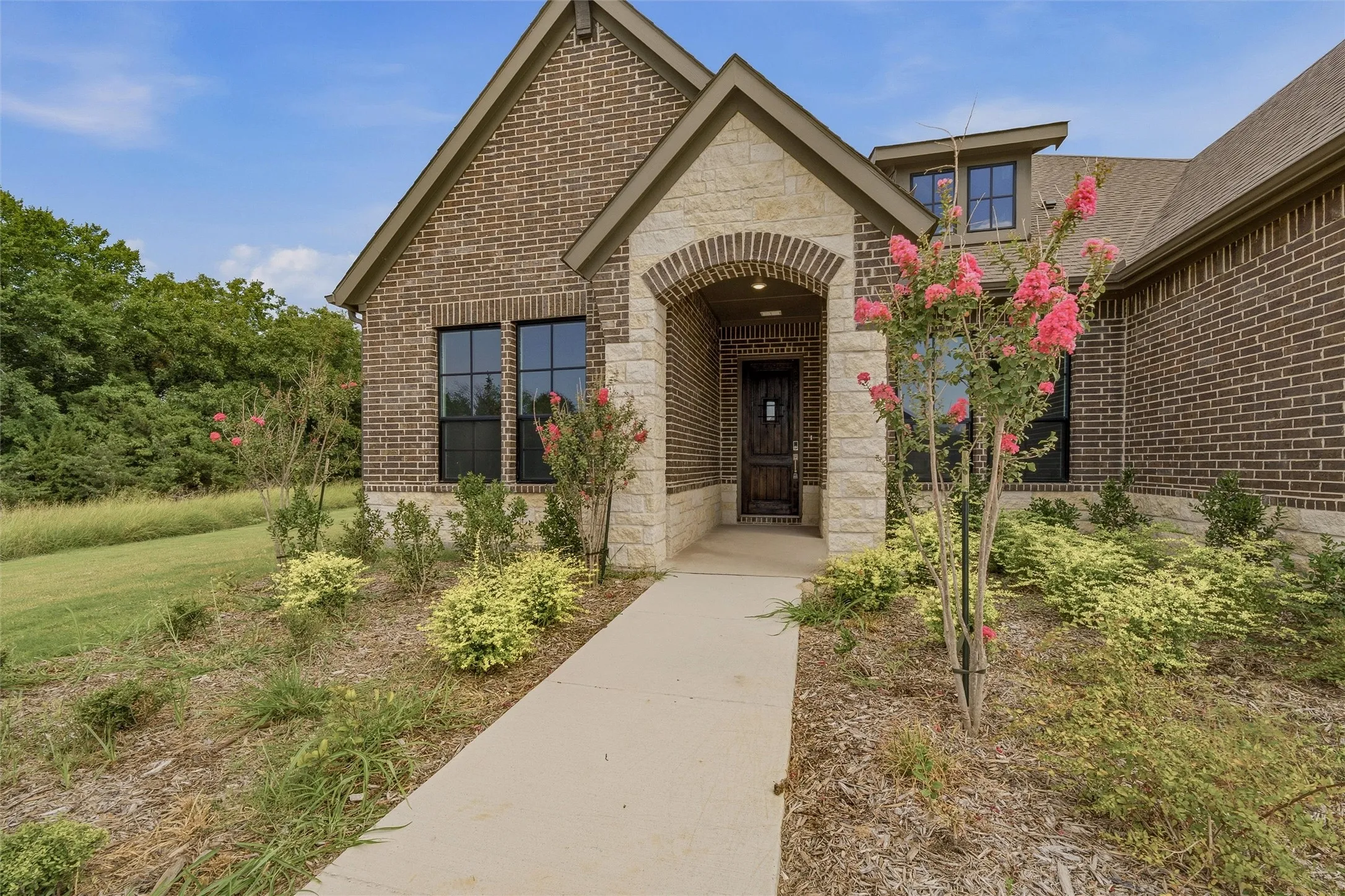 Brick and stone facade, arched entryway, dark wood front door, black-framed windows, established landscaping
