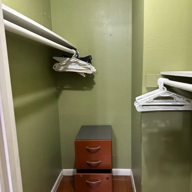 Walk in closet featuring washer / dryer and dark wood finished floors
