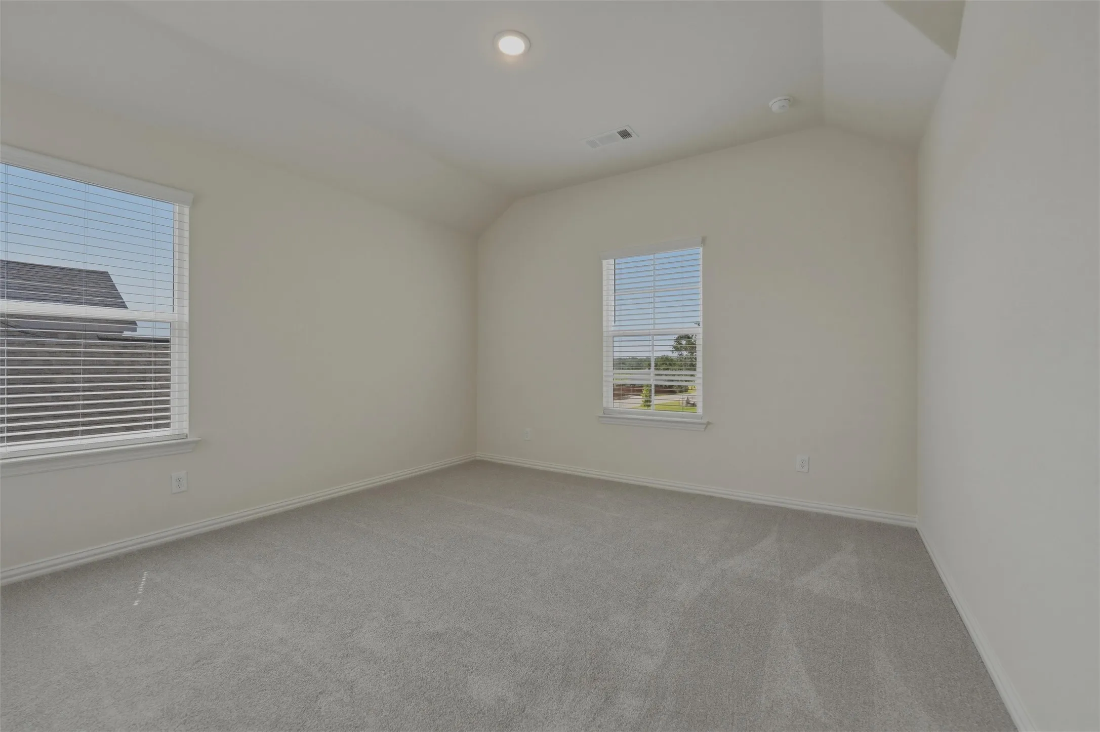 Vaulted ceiling, recessed lighting, two windows with blinds, and light-tone carpeting