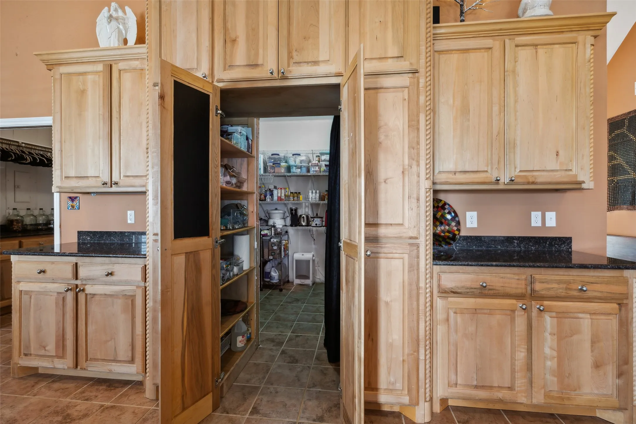 The large walk-in pantry is designed with built-in cabinetry in front