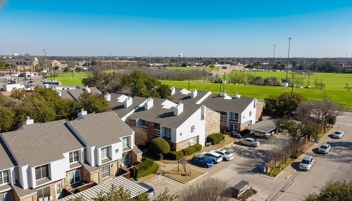 Aerial perspective of nearby college.