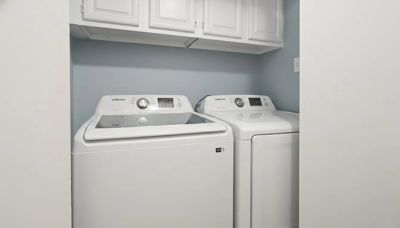Laundry area with washer and dryer and cabinet space