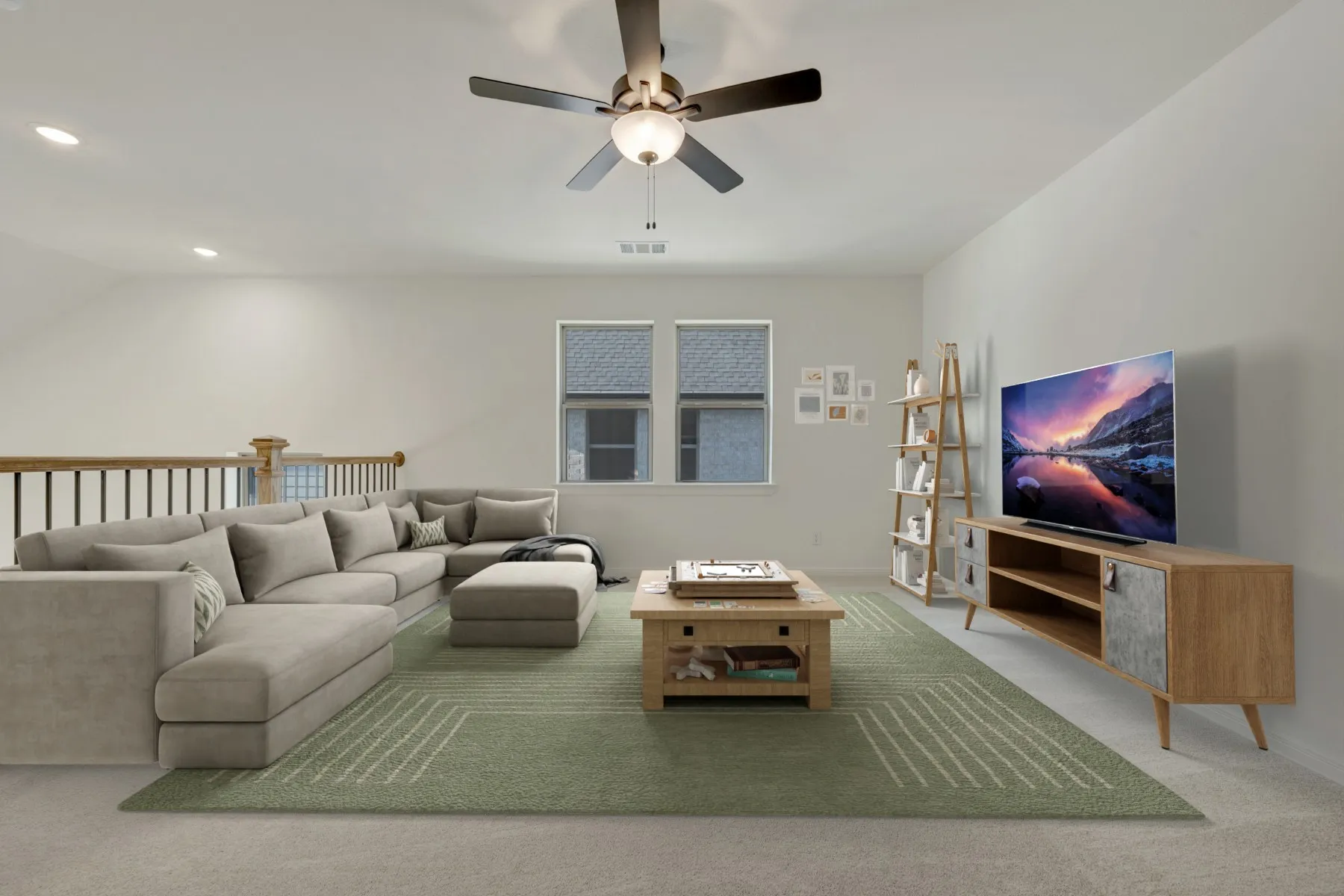 Loft space featuring a ceiling fan, recessed lighting, carpet flooring, and a wooden banister with black spindles