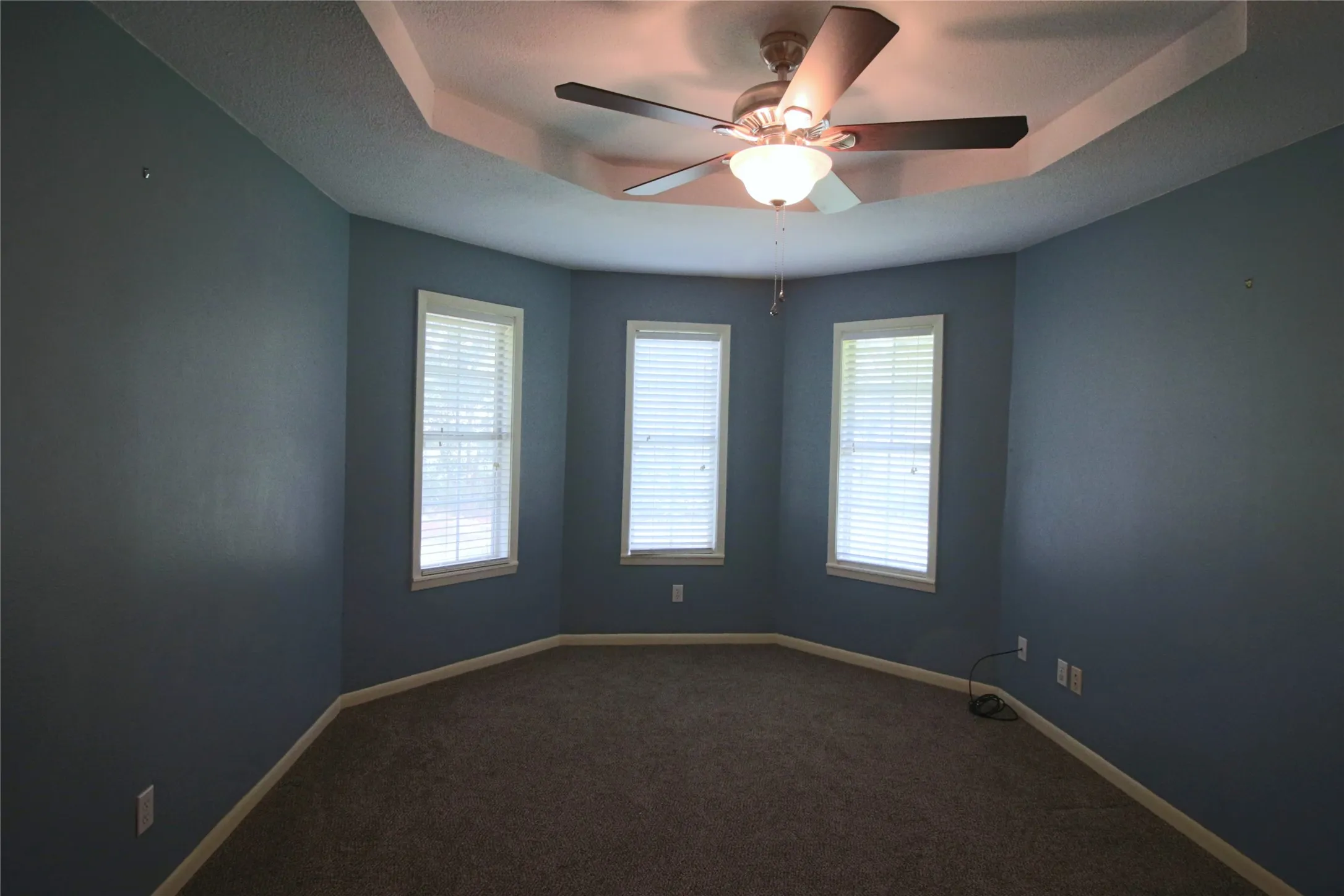 Bedroom with a tray ceiling, a closet and ceiling fan