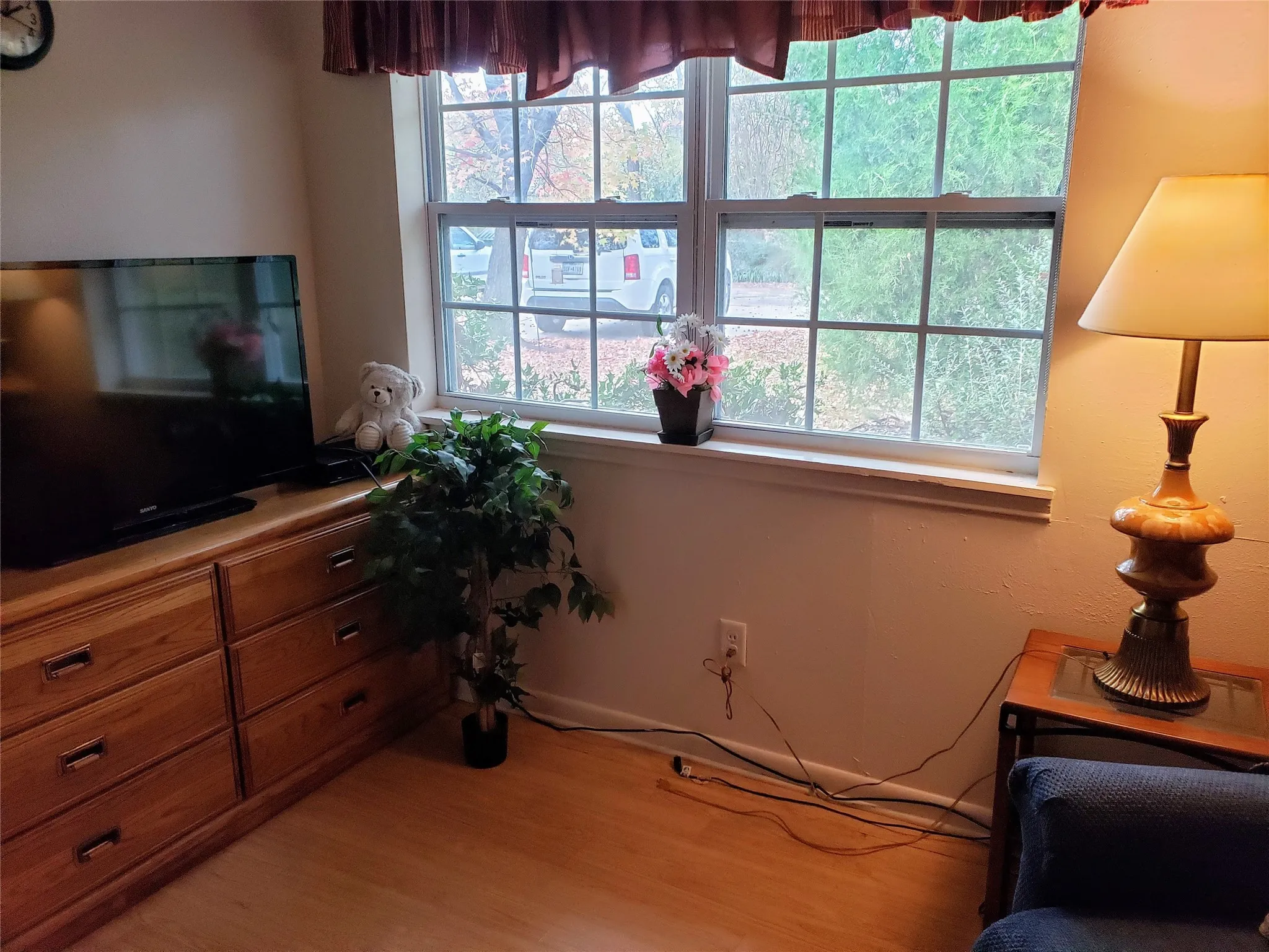 Bright living room featuring large multi-pane windows with natural light, wood-finish flooring, and wood cabinetry with drawer storage