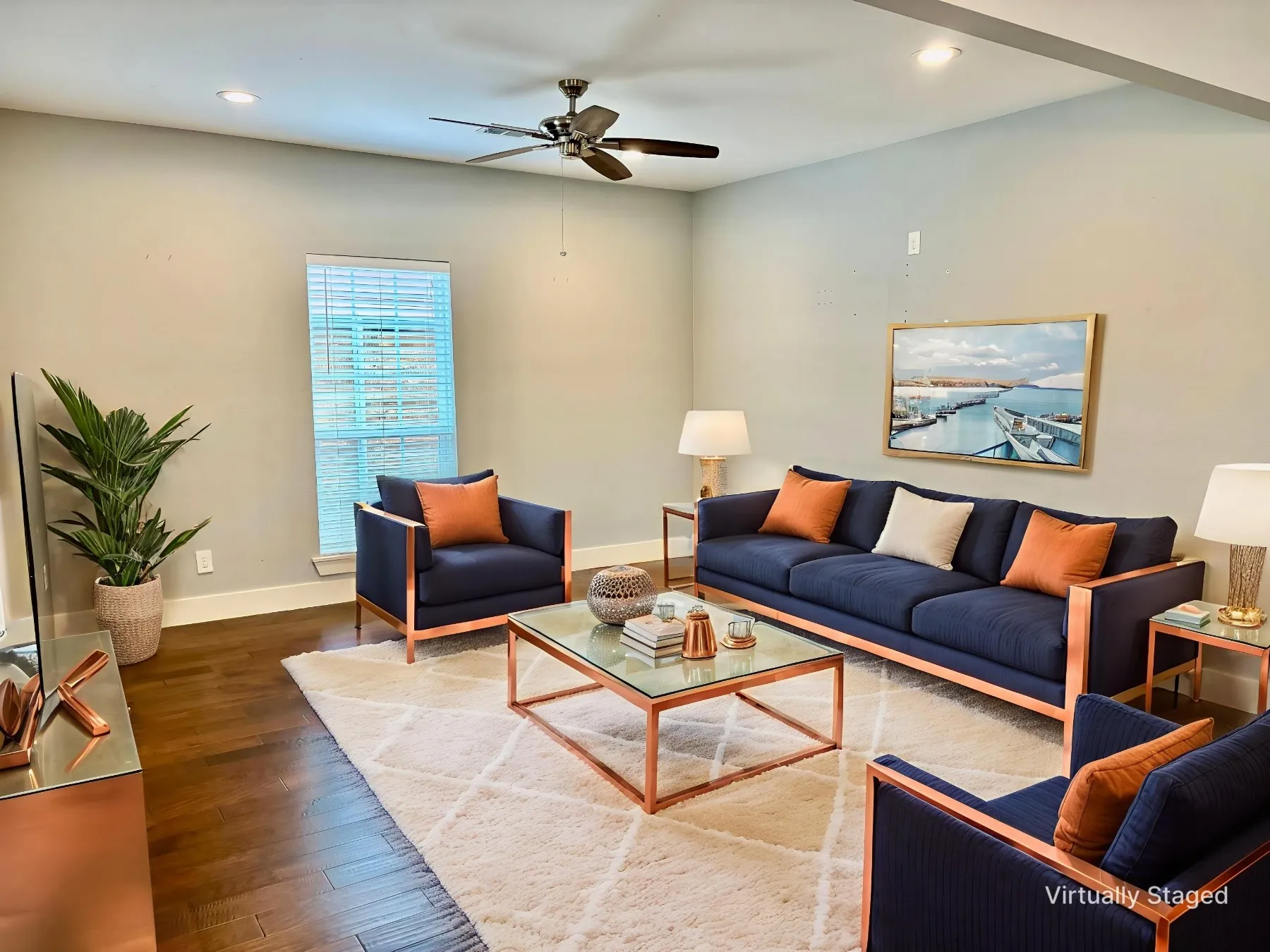 Living room with dark wood-style floors, a ceiling fan, and recessed lighting