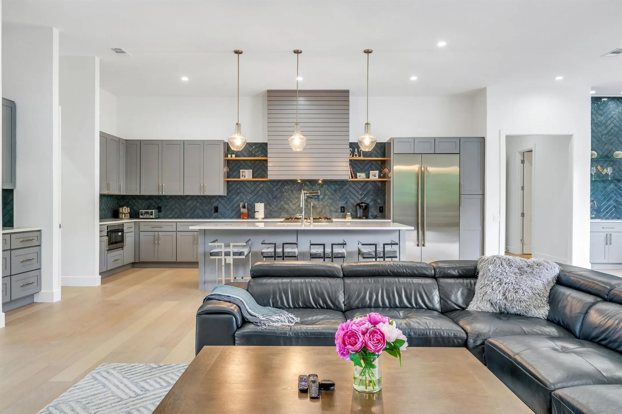 Living area with light wood-style floors