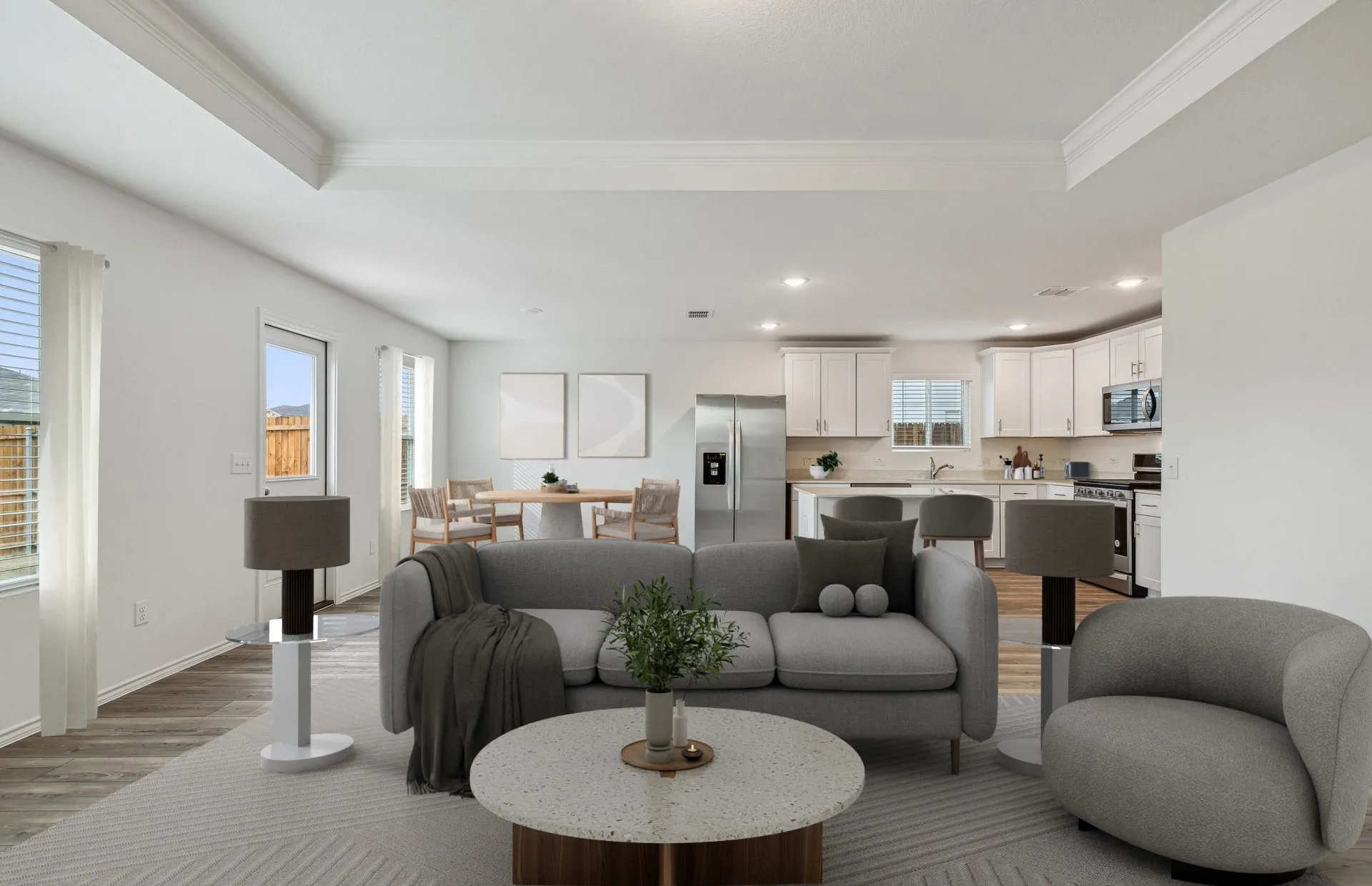 Gathering room with view of main living areas *Model Representation*