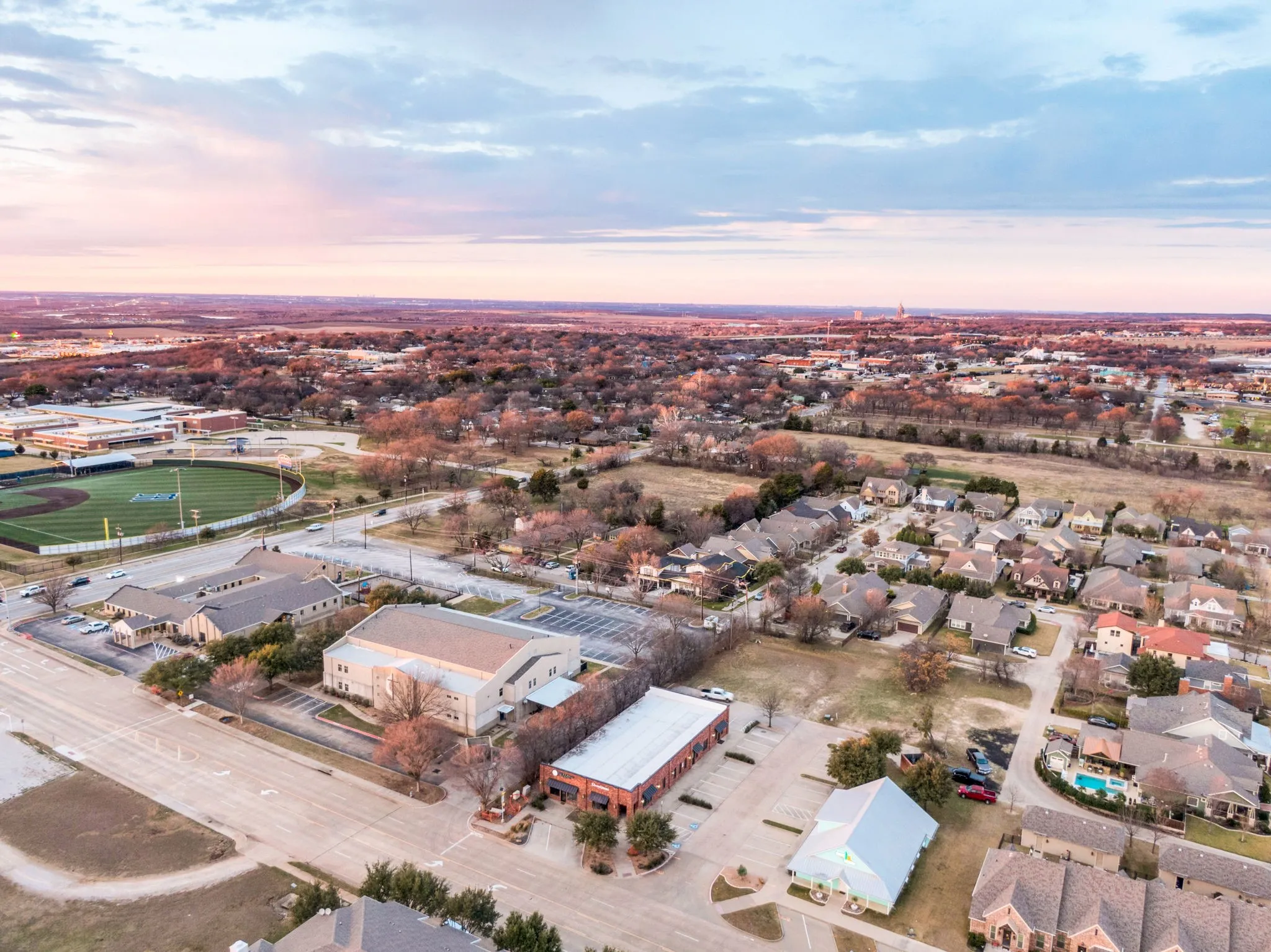 Aerial perspective showcasing the building's excellent visibility within the surrounding area.