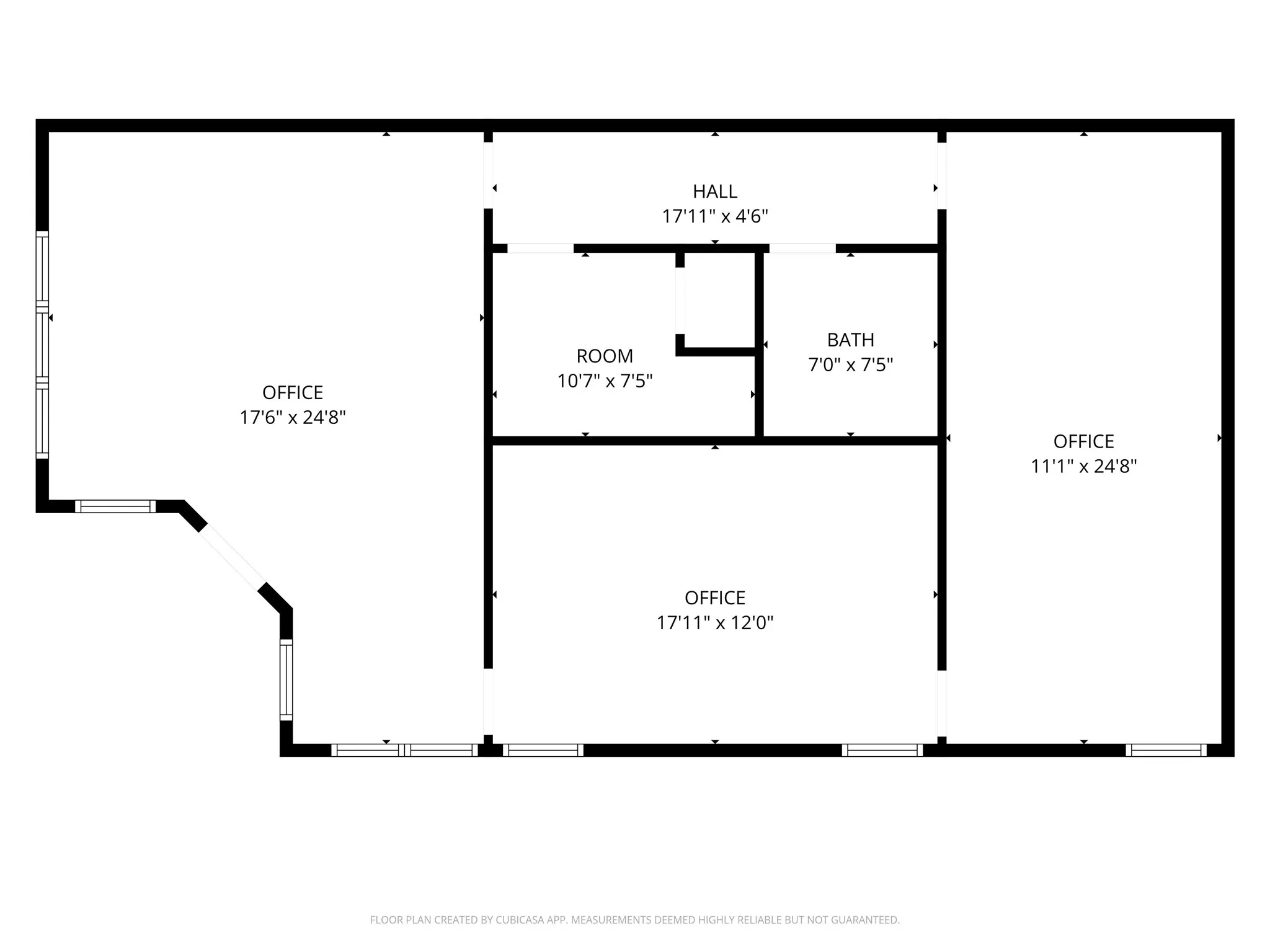 Floor plan illustrating the functional layout, including reception, private offices, and flexible workspace.