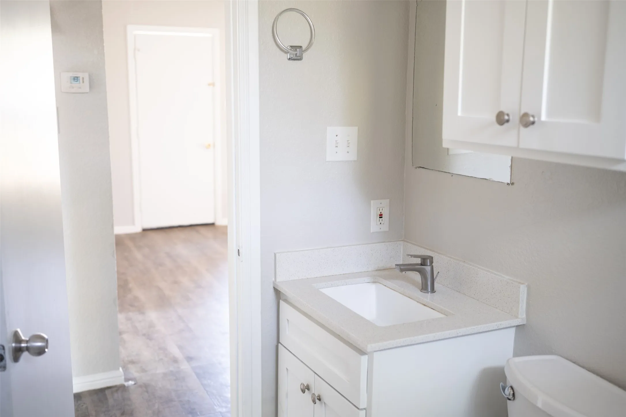 Bathroom featuring wood finished floors and vanity