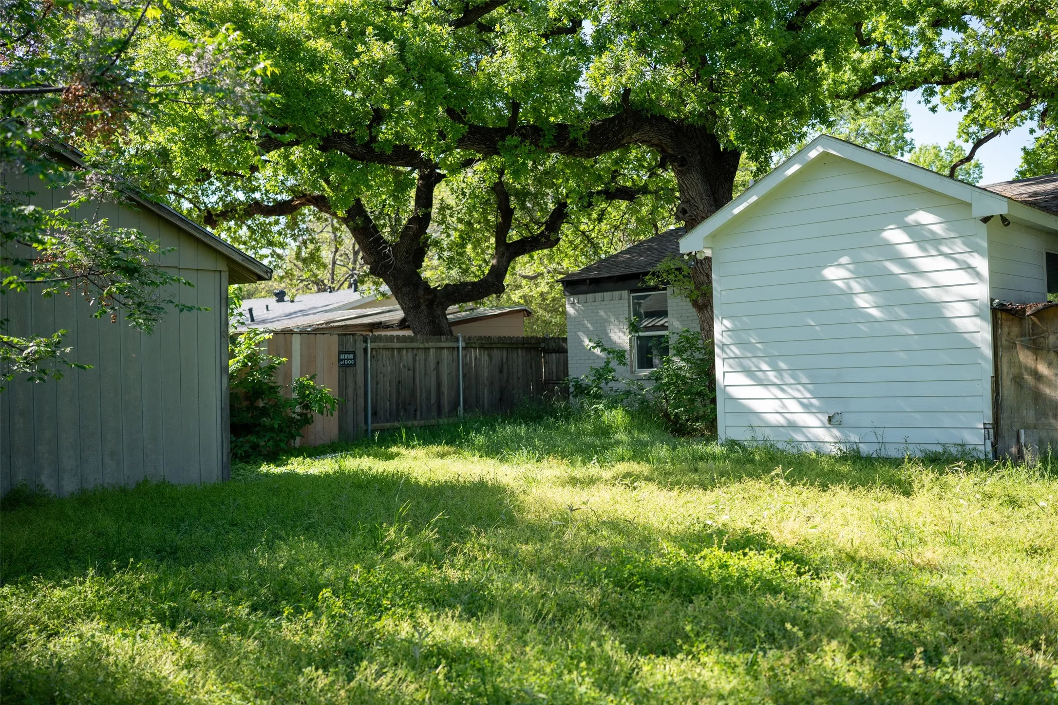 Fenced yard with a shed