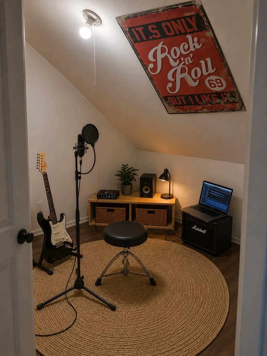 Angled ceiling with a flush-mount light fixture