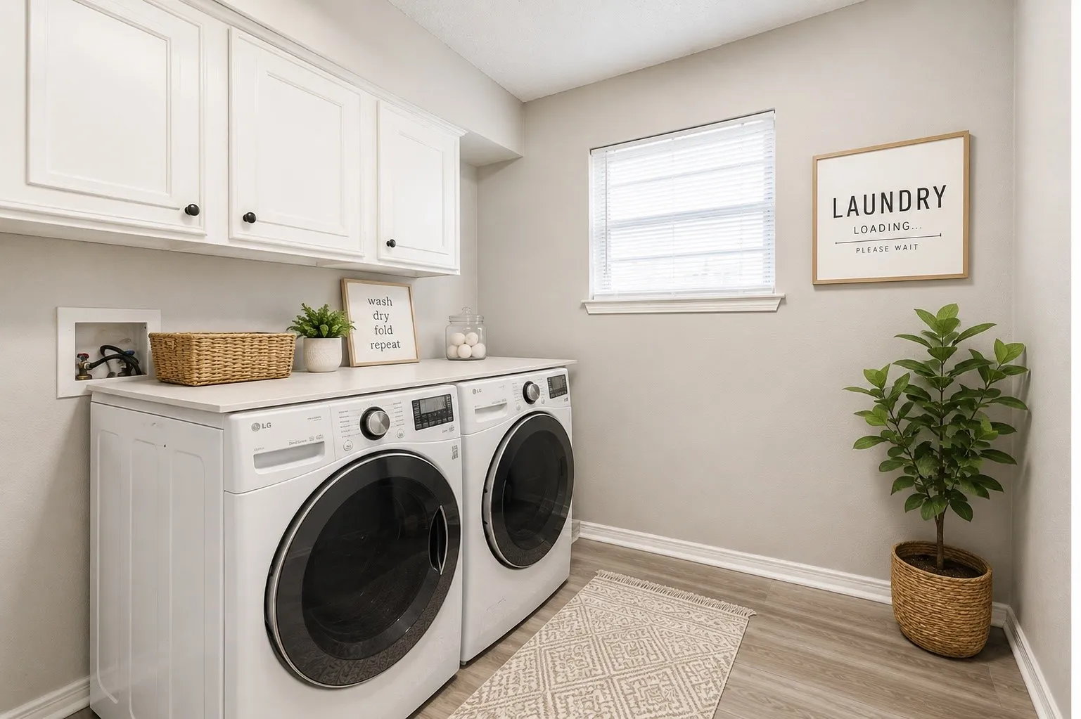 Laundry space featuring white upper cabinetry, light-toned countertops, wood-finish flooring, and a single window with blinds
