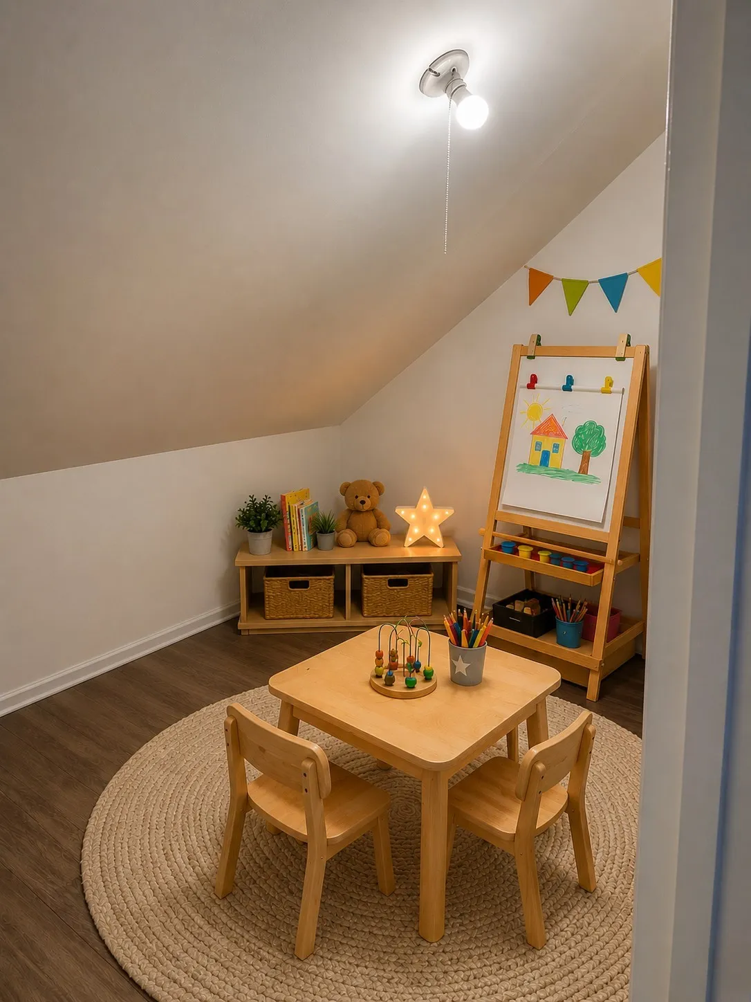 Sloped ceiling design, recessed lighting fixture, and wood-finish flooring