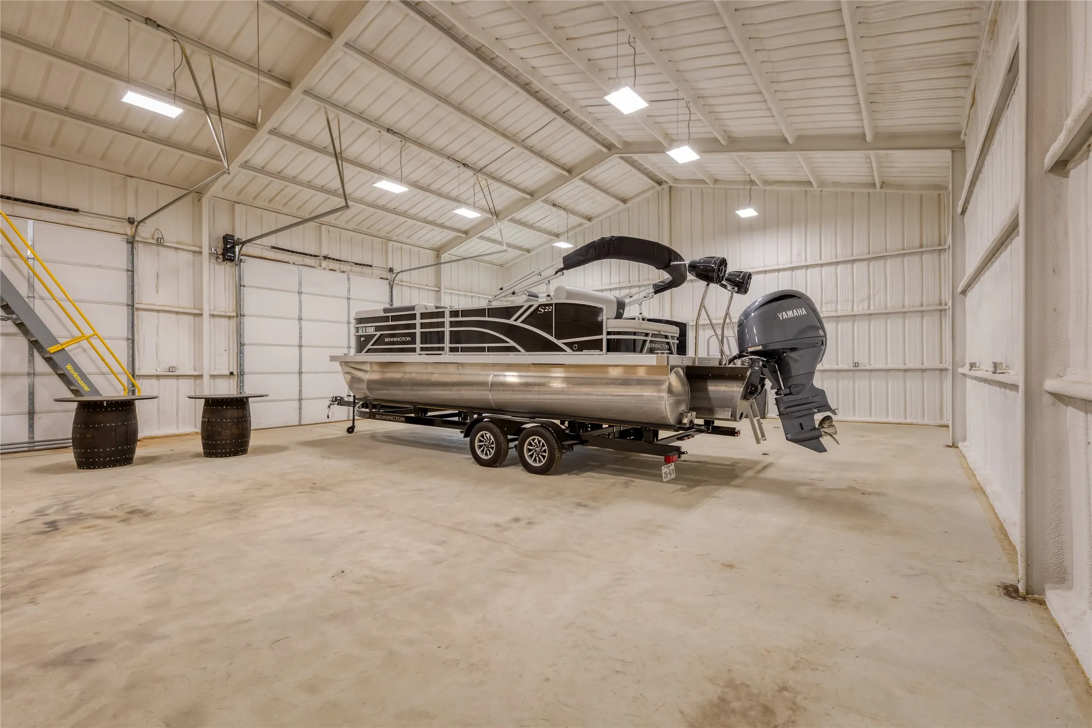 Garage featuring metal wall