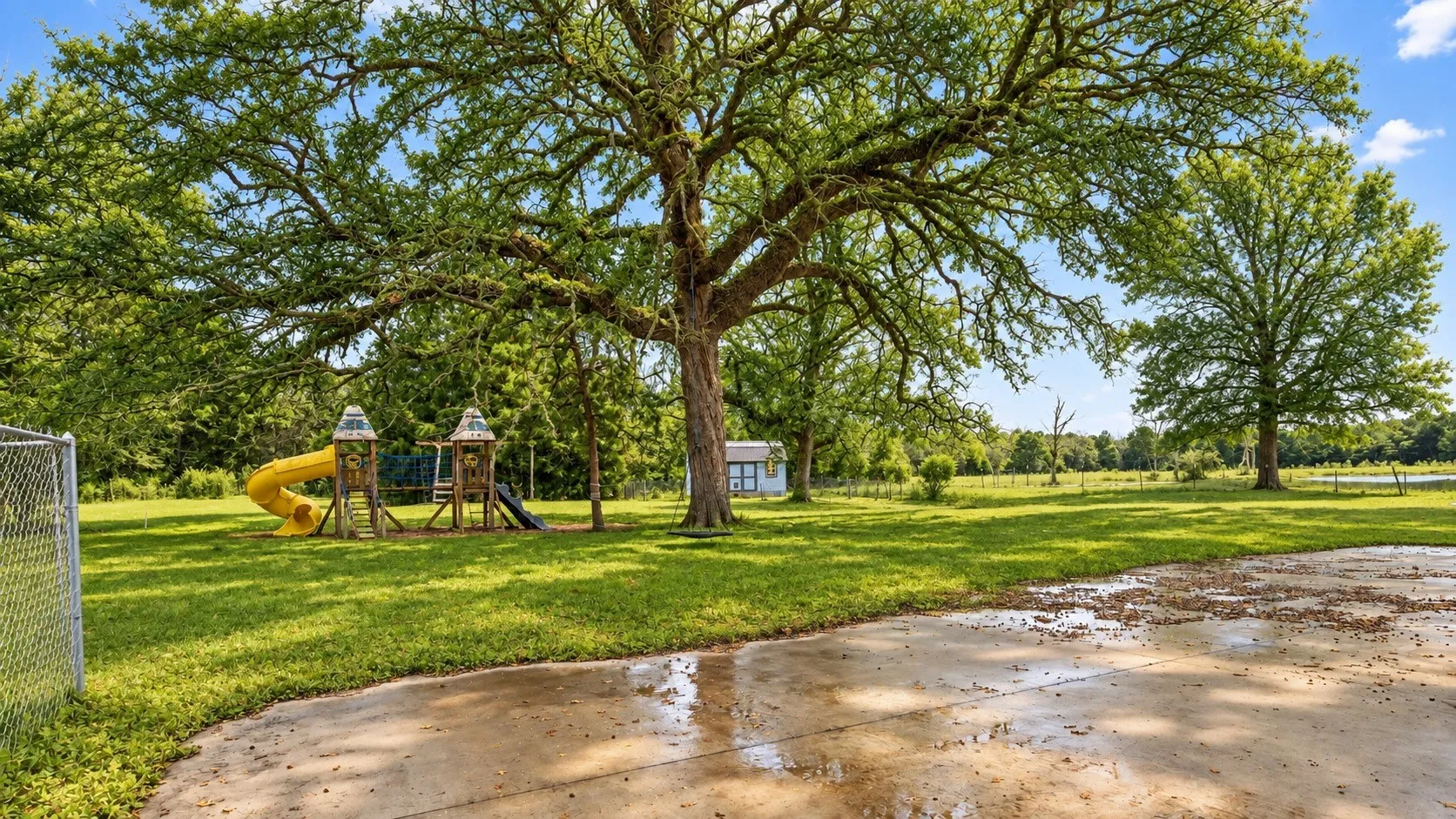 Expansive green lawn with mature trees and a chain-link fence