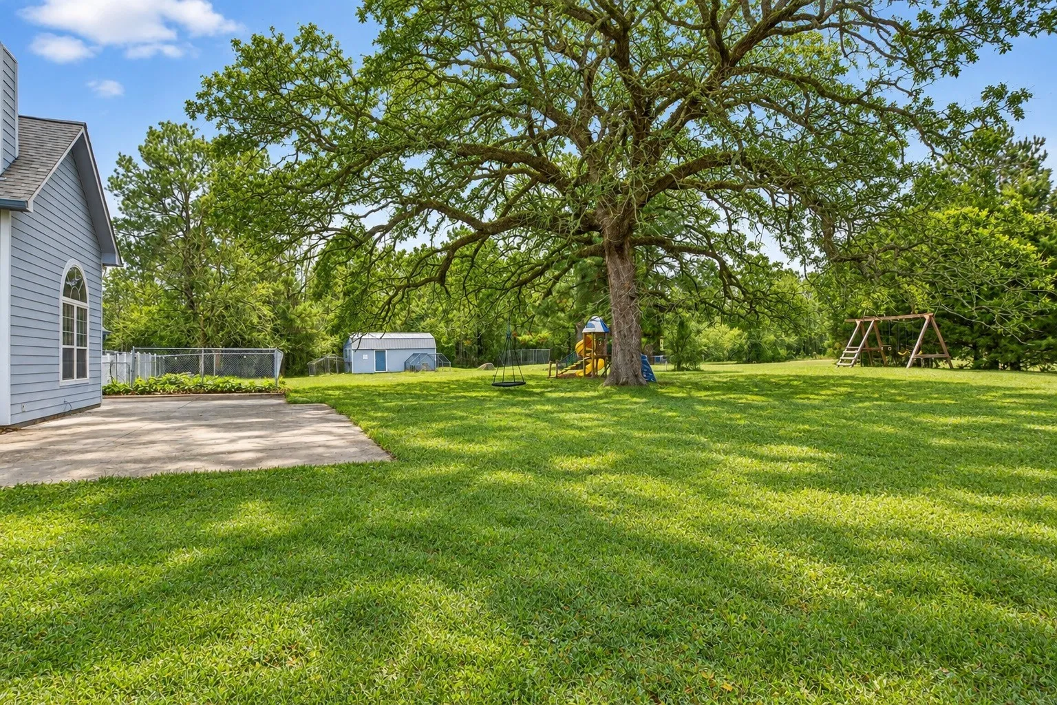 Expansive grassy yard with mature trees, a concrete patio, and a light blue storage shed